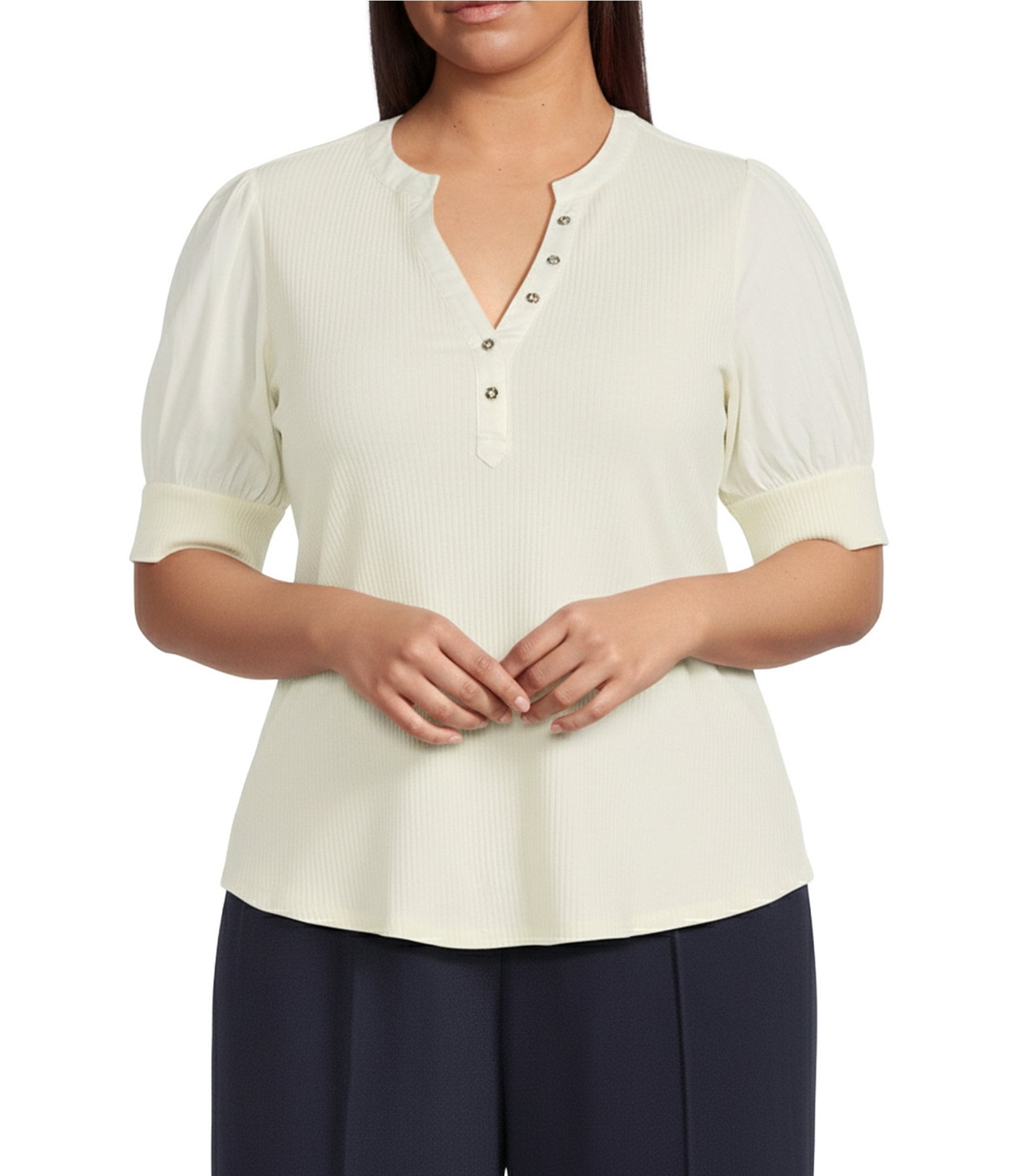 Sugarlips Plus Size Poplin-Sleeve Ribbed Top