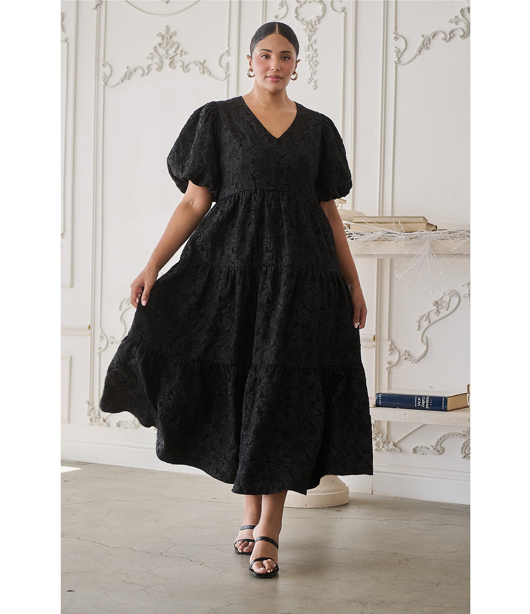 Sugarlips Plus Size Puffed-Sleeve Floral Jacquard Tiered Long Dress