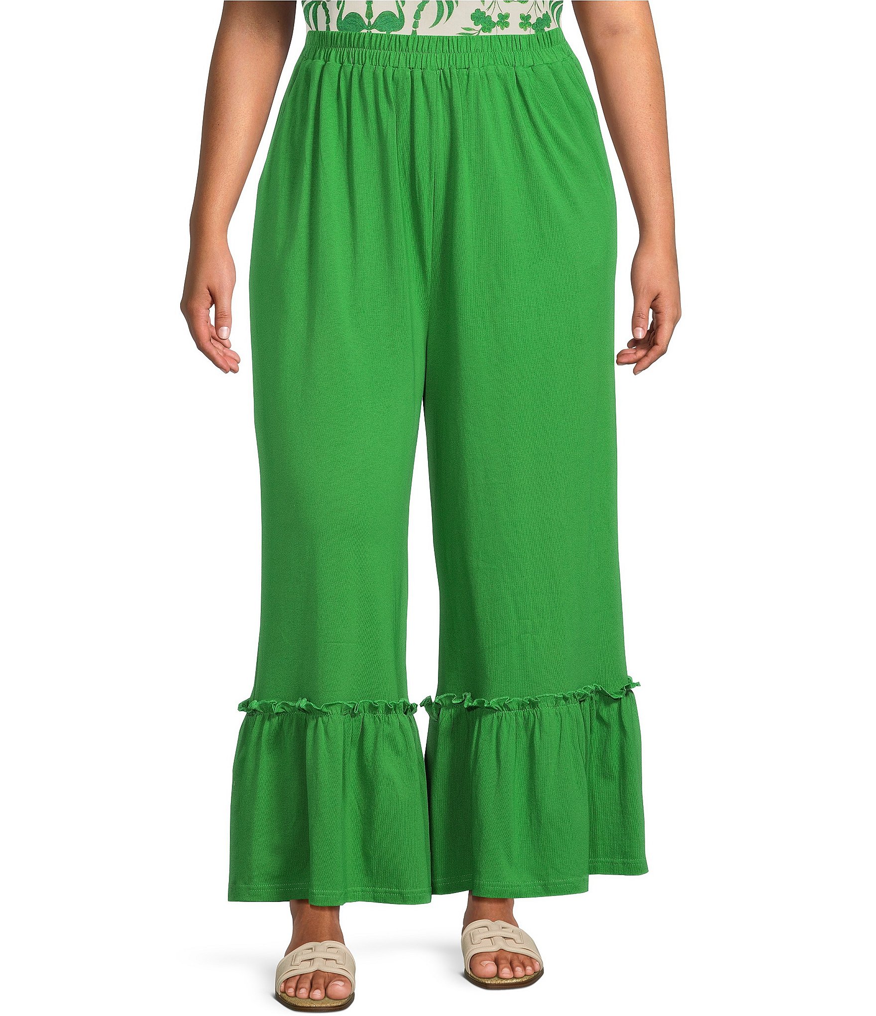 Sugarlips Plus Size Ryder Ruffle Wide Leg Cotton Knit Pants