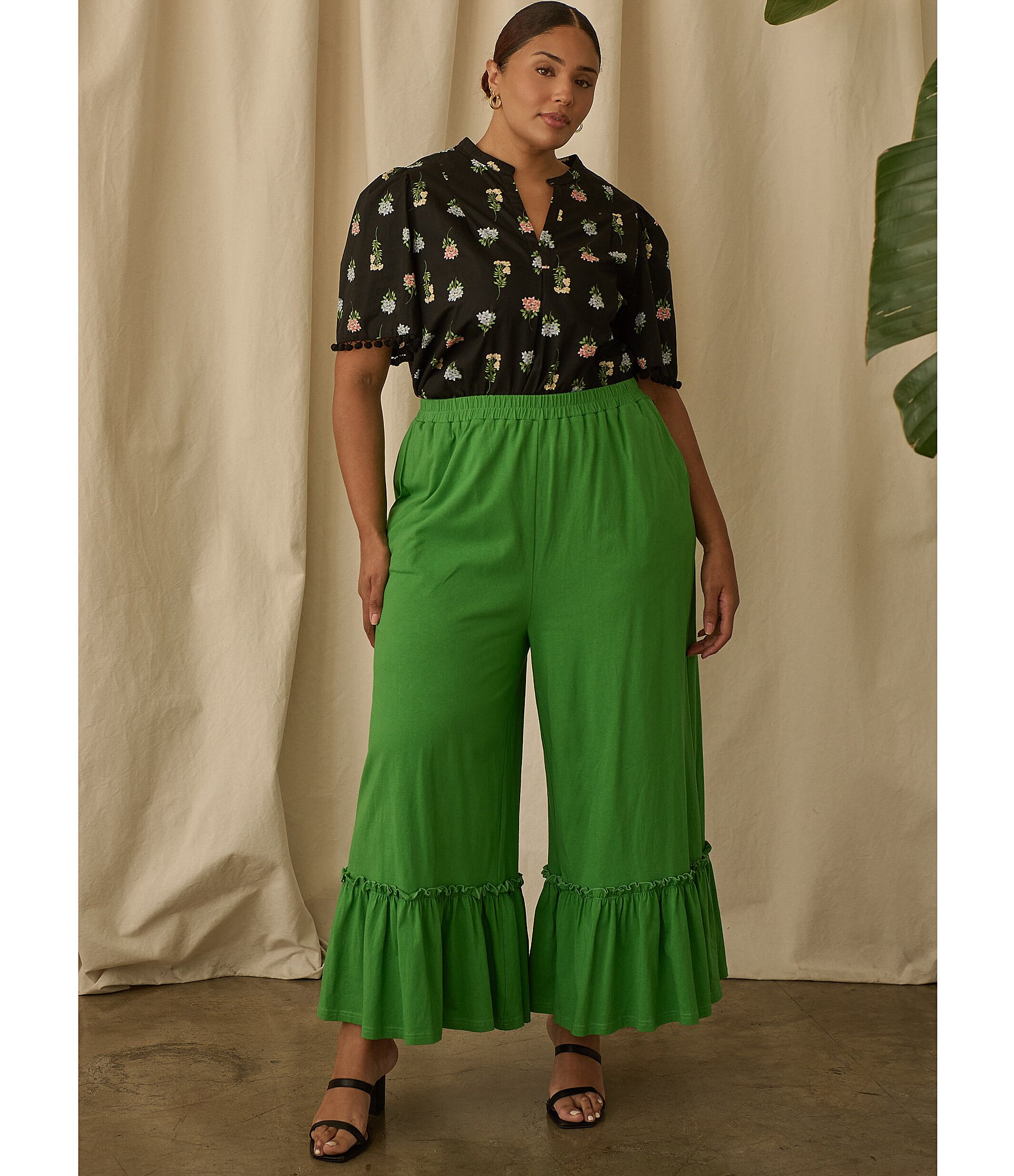 Sugarlips Plus Size Ryder Ruffle Wide Leg Cotton Knit Pants