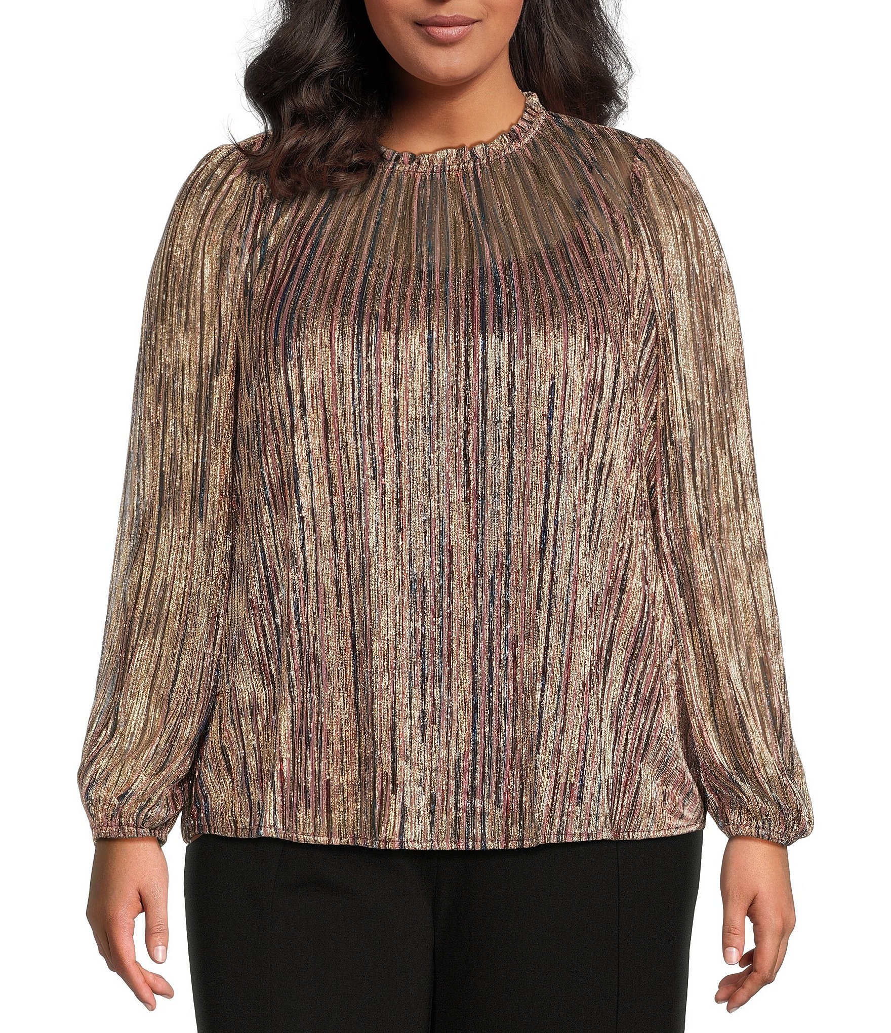 Sugarlips Plus Size Balloon Sleeve Striped Metallic Blouse