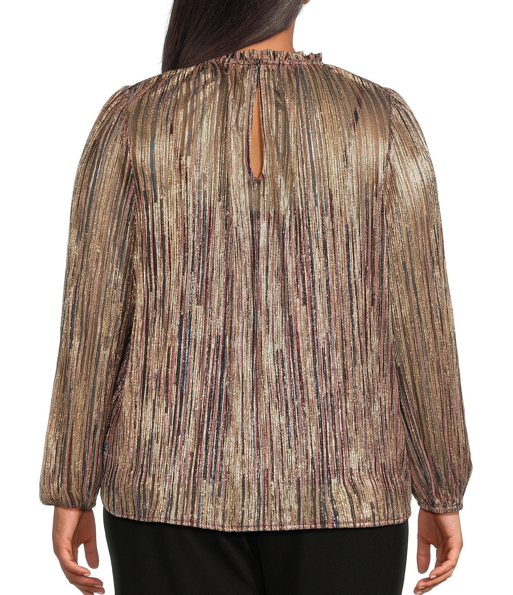 Sugarlips Plus Size Balloon Sleeve Striped Metallic Blouse