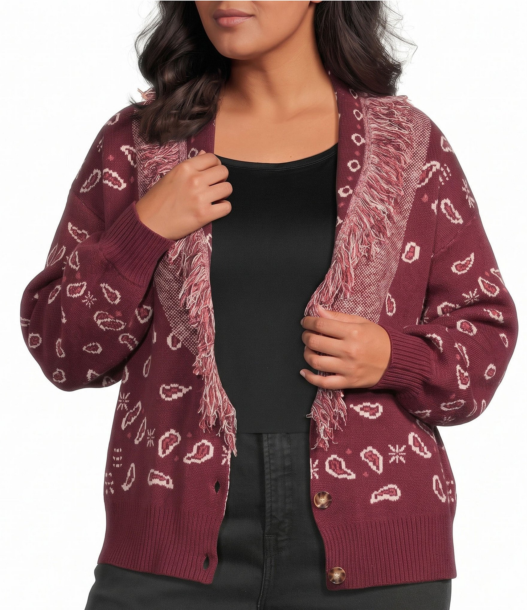 Sugarlips Plus Size Bandana Printed Fringe Shawl Collared Long Sleeve Cropped Cardigan Sweater