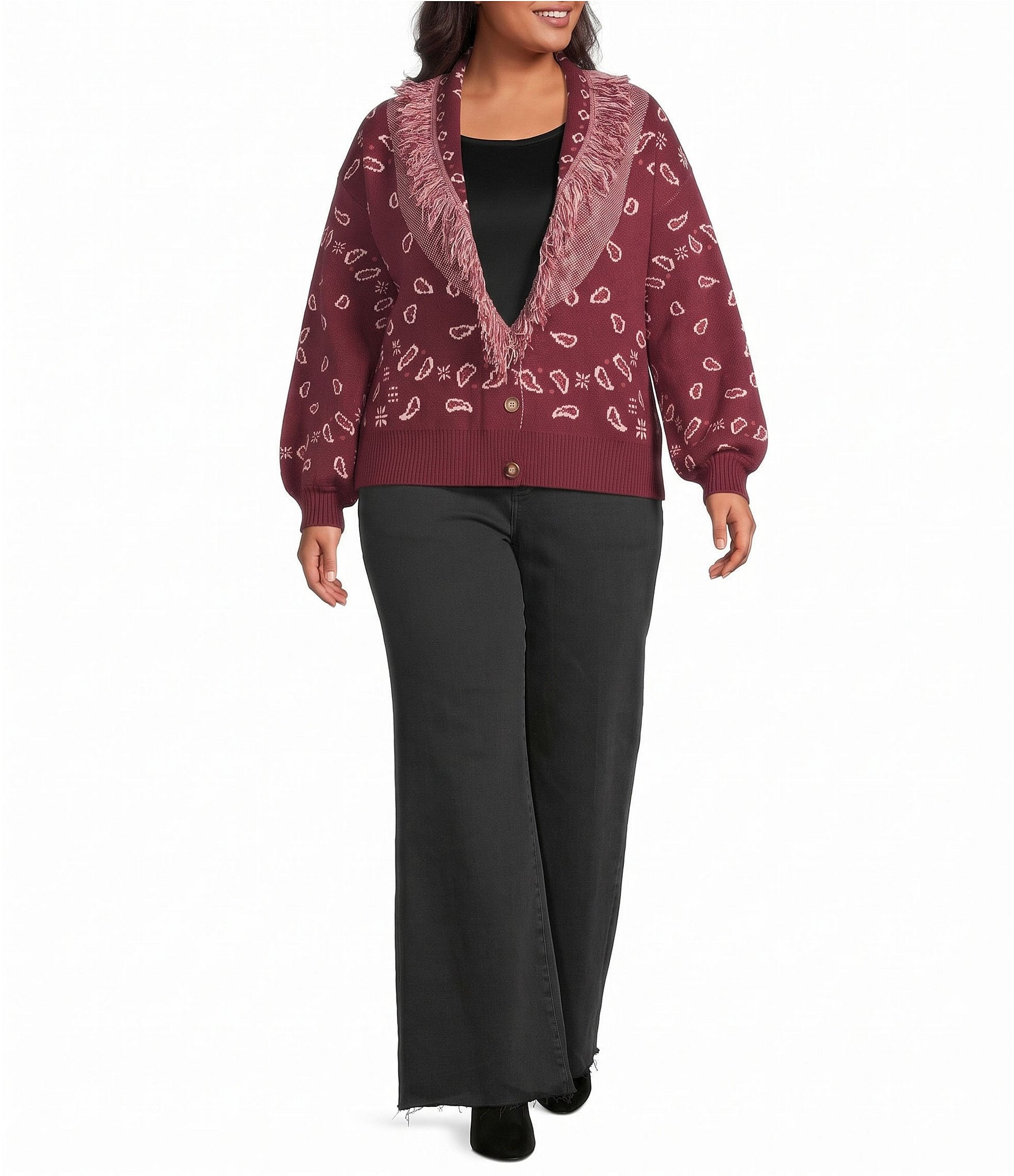Sugarlips Plus Size Bandana Printed Fringe Shawl Collared Long Sleeve Cropped Cardigan Sweater