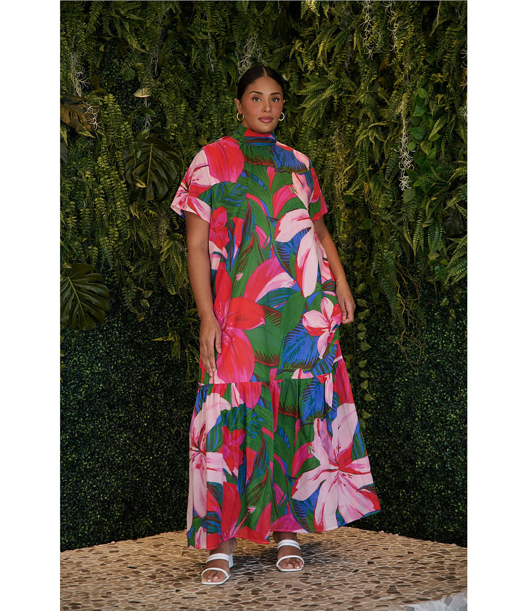 Sugarlips Plus Size Dime Tropical Print Mock Neck Short Sleeve Maxi Shift Dress
