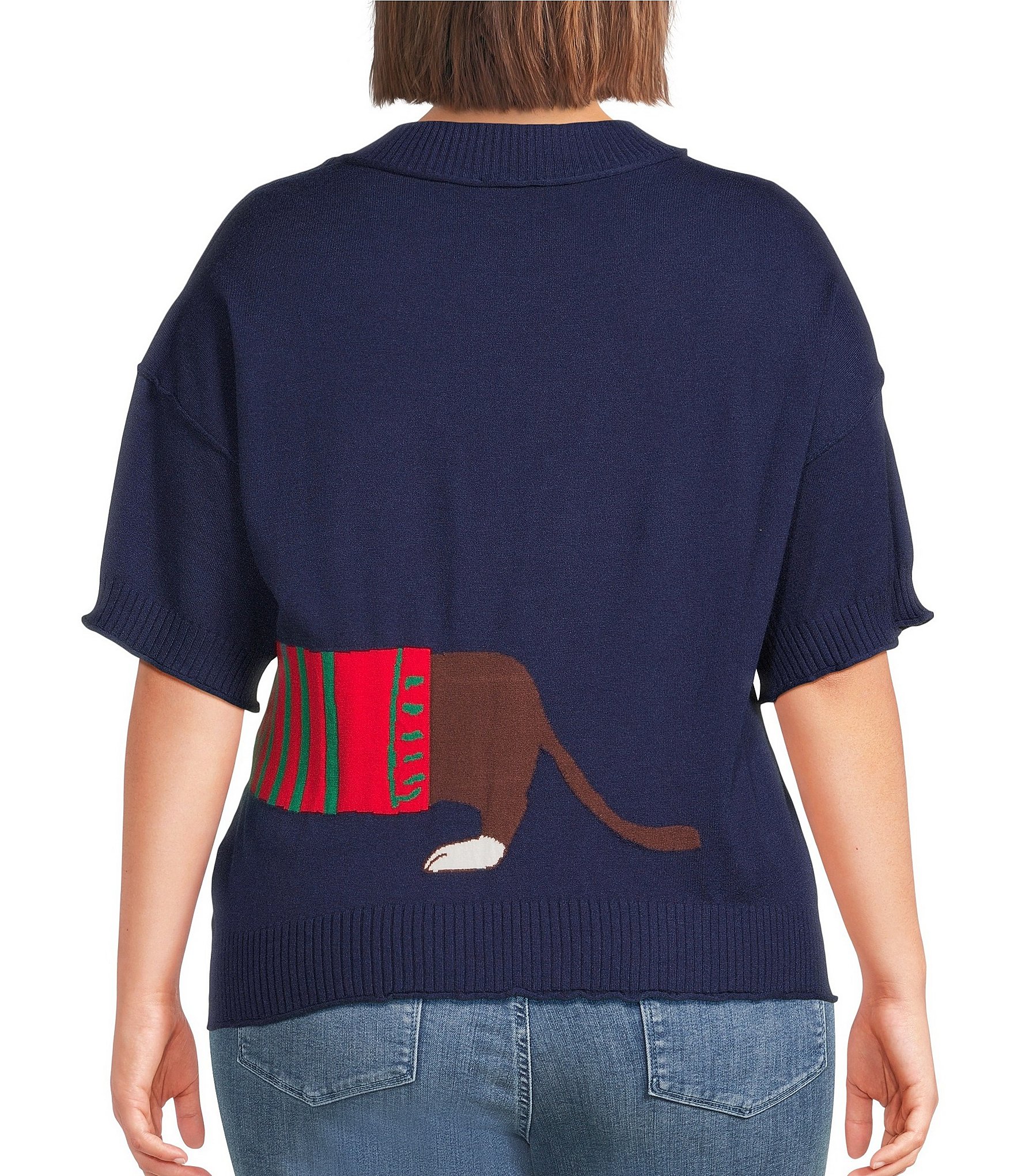 Sugarlips Plus Size Dog Print Crew Neck Short Sleeve Sweater Knit Top