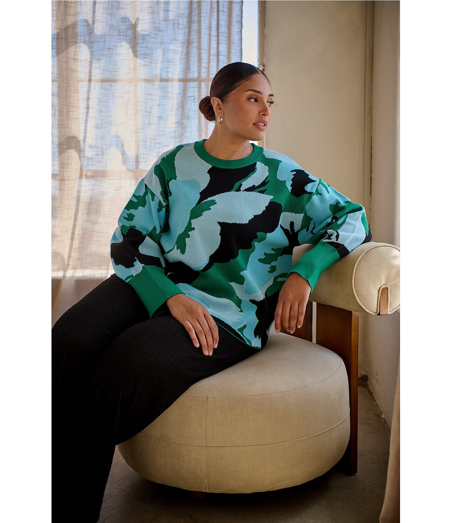 Sugarlips Plus Size Fresh Pick Floral Print Crew Neck Long Sleeve Sweater