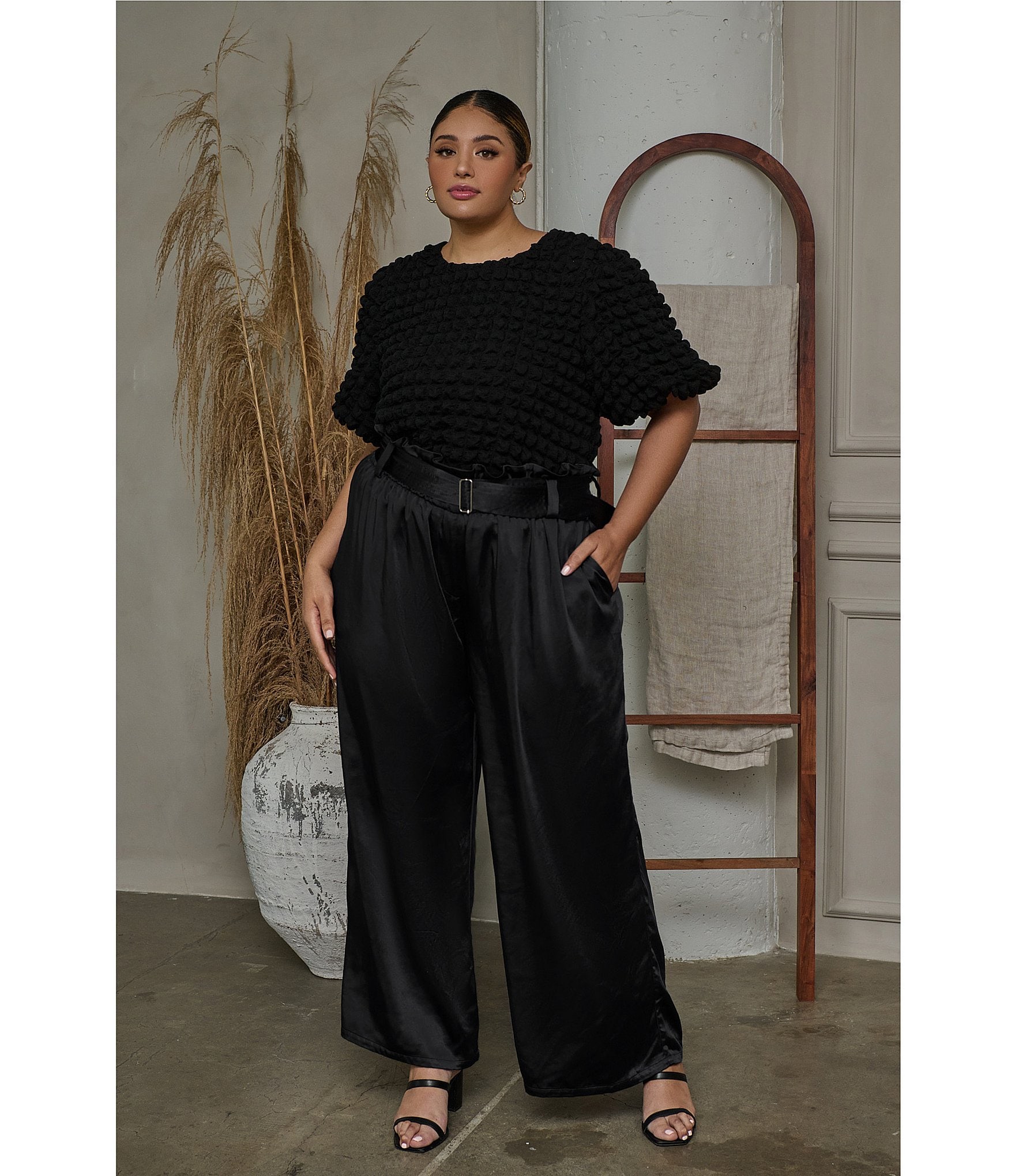 Sugarlips Plus Size High Rise Matte Satin Wide Leg Pants