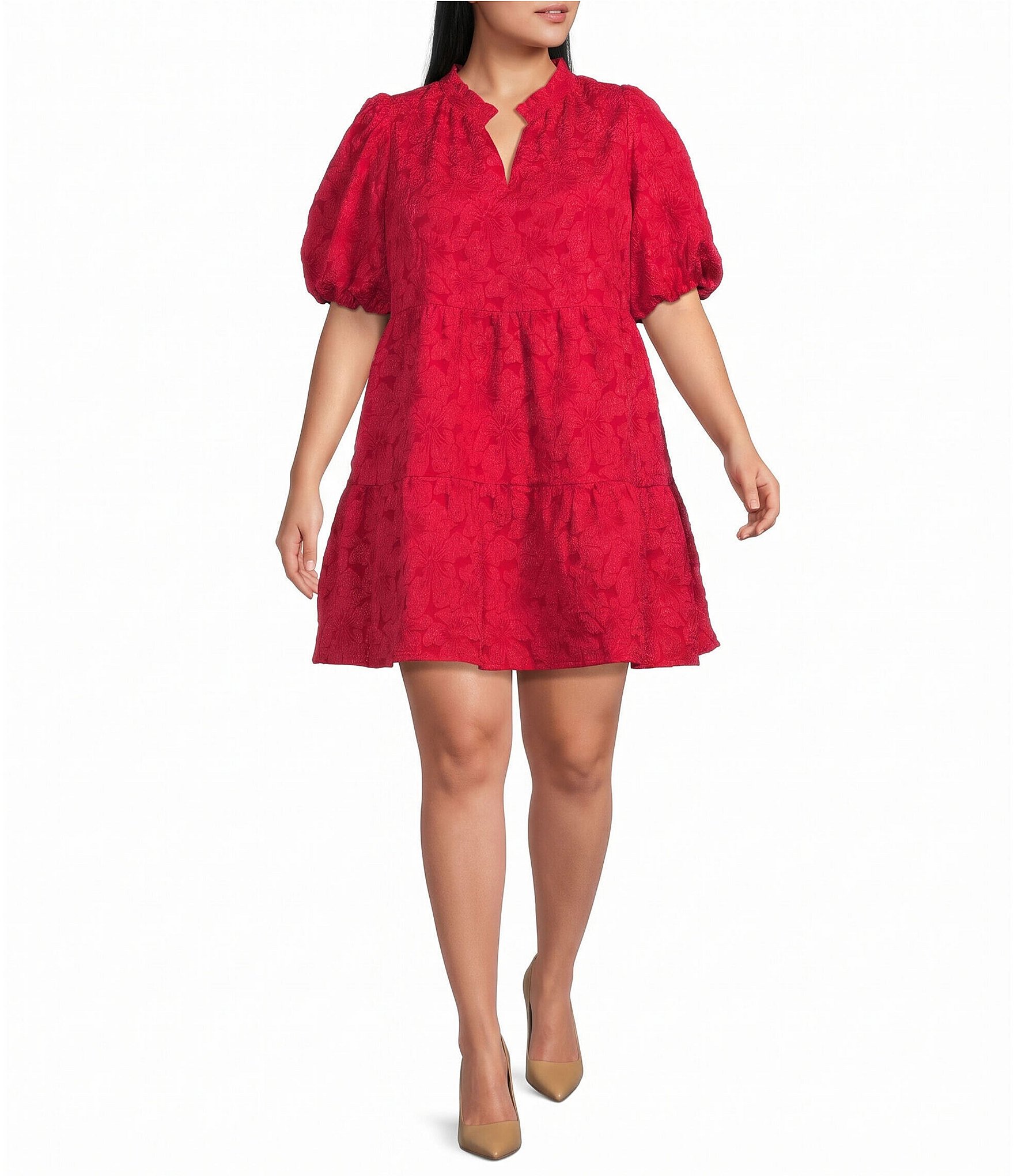 Sugarlips Plus Size Jacey Floral Jacquard Split V-Neck Short Sleeve Tiered Mini Shift Dress