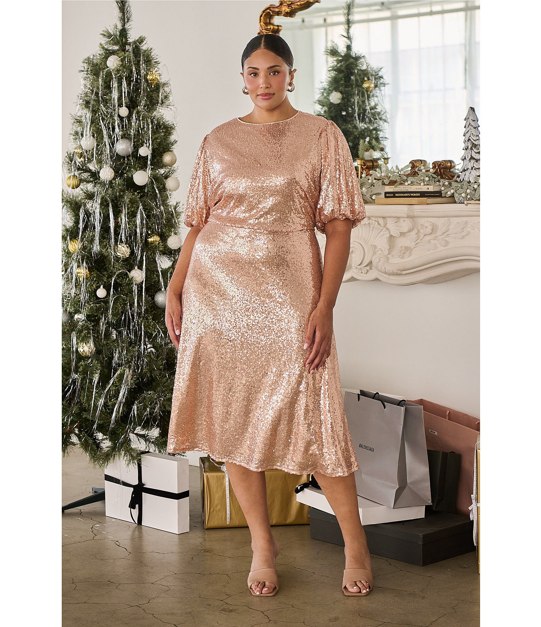 Sugarlips Plus Size Kelsa Sequin Round Neck Short Puffy Sleeves A-Line Midi Dress