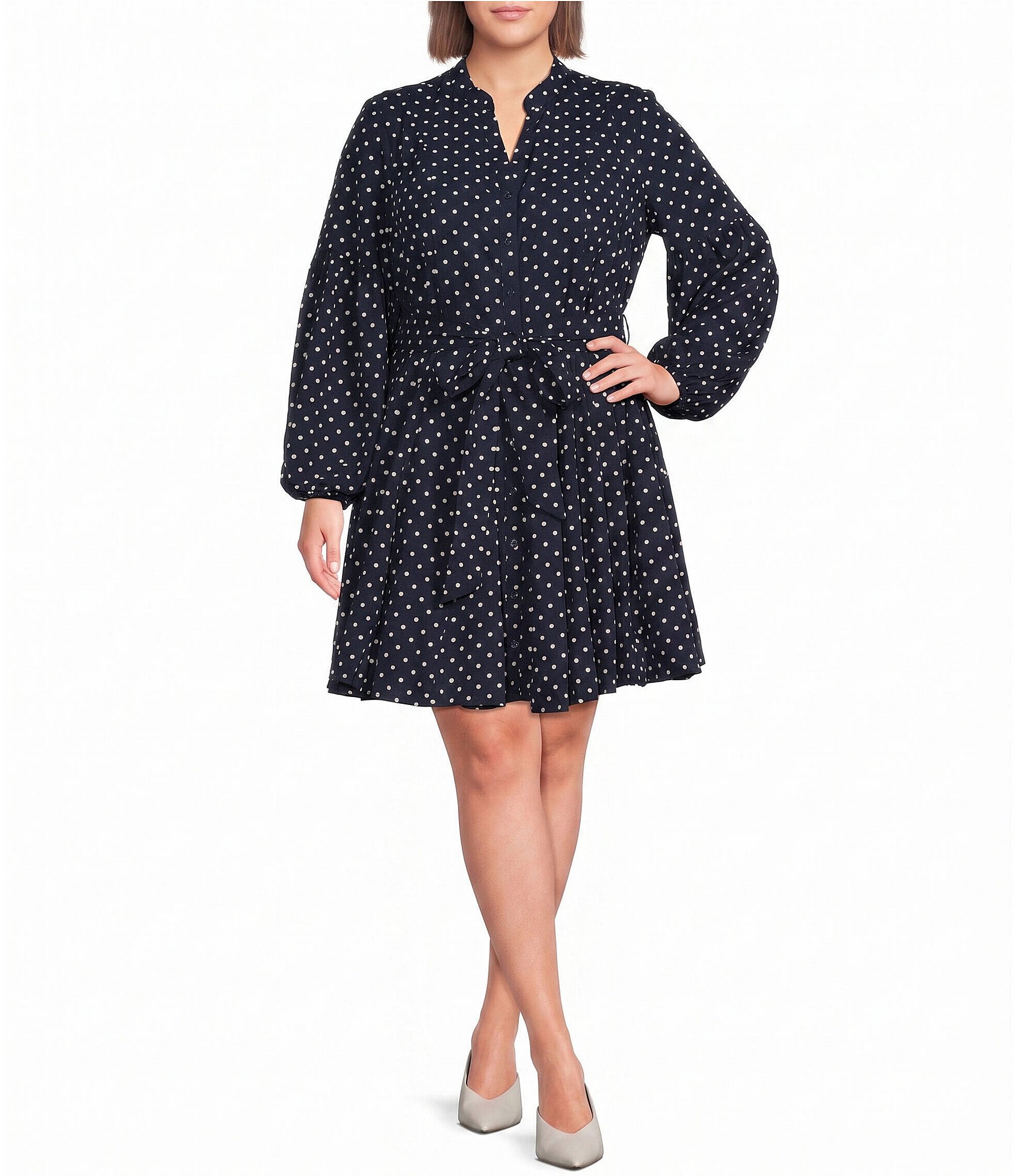 Sugarlips Plus Size Laria Polka Dot Split V-Neck Long Sleeve Poplin Mini Dress