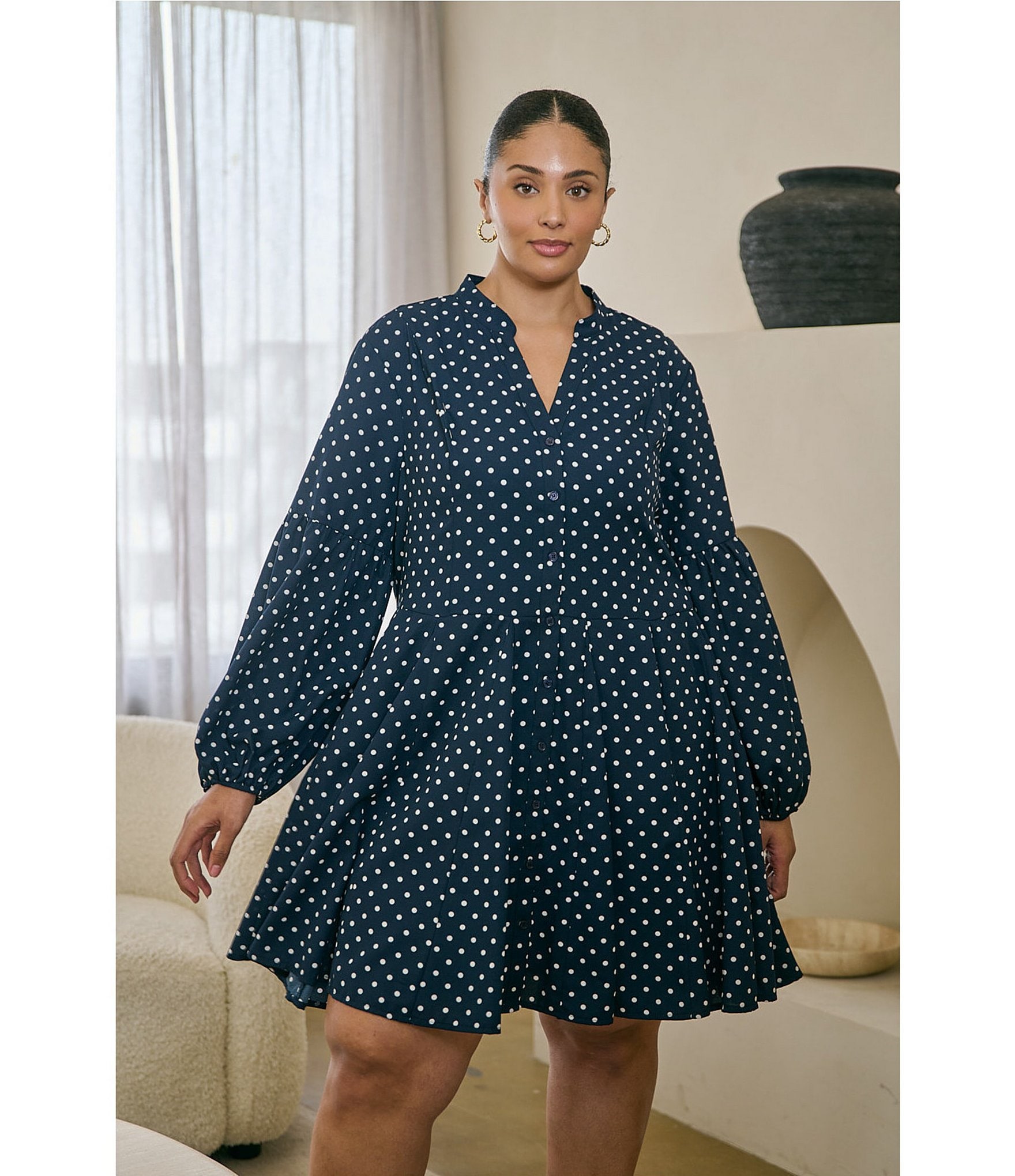 Sugarlips Plus Size Laria Polka Dot Split V-Neck Long Sleeve Poplin Mini Dress