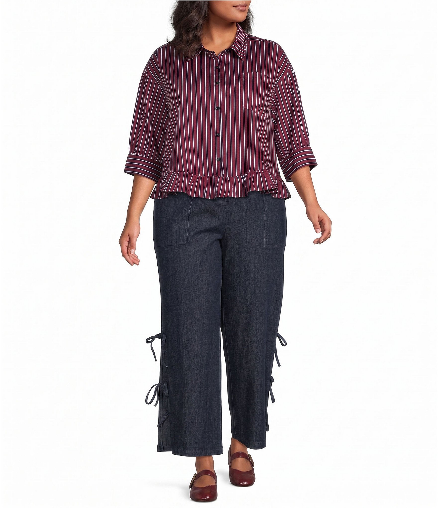Sugarlips Plus Size Marina Stripe Point Collar Half Sleeve Ruffle Hem Button Front Shirt