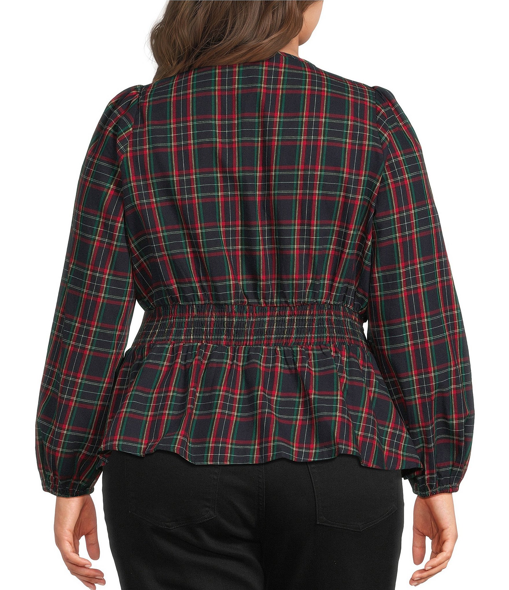 Sugarlips Plus Size Mirana Plaid Printed Split V-Neck Long Sleeve Smocked Waist Top