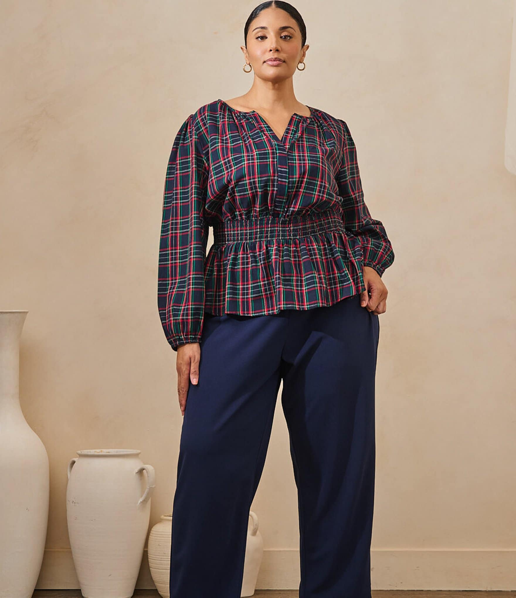 Sugarlips Plus Size Mirana Plaid Printed Split V-Neck Long Sleeve Smocked Waist Top