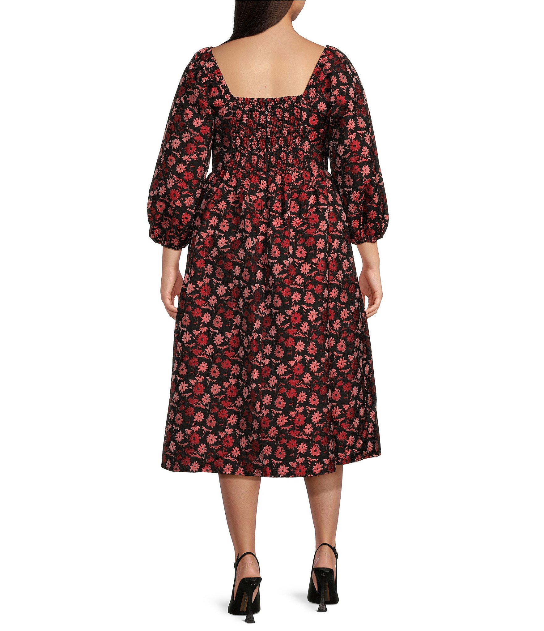 Sugarlips Plus Size Puffed Sleeve Floral Printed Jacquard Midi Dress