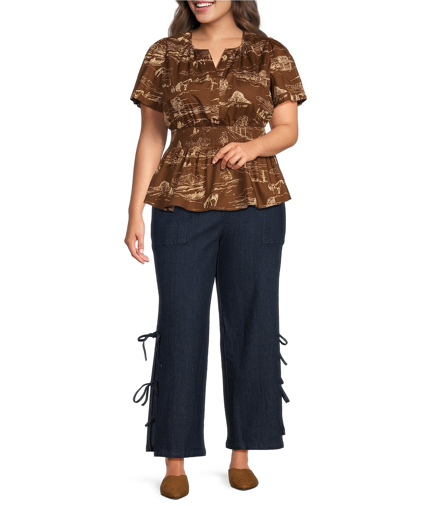 Sugarlips Plus Size Sarina Western Printed Split V-Neck Short Sleeve Smocked Poplin Peplum Top