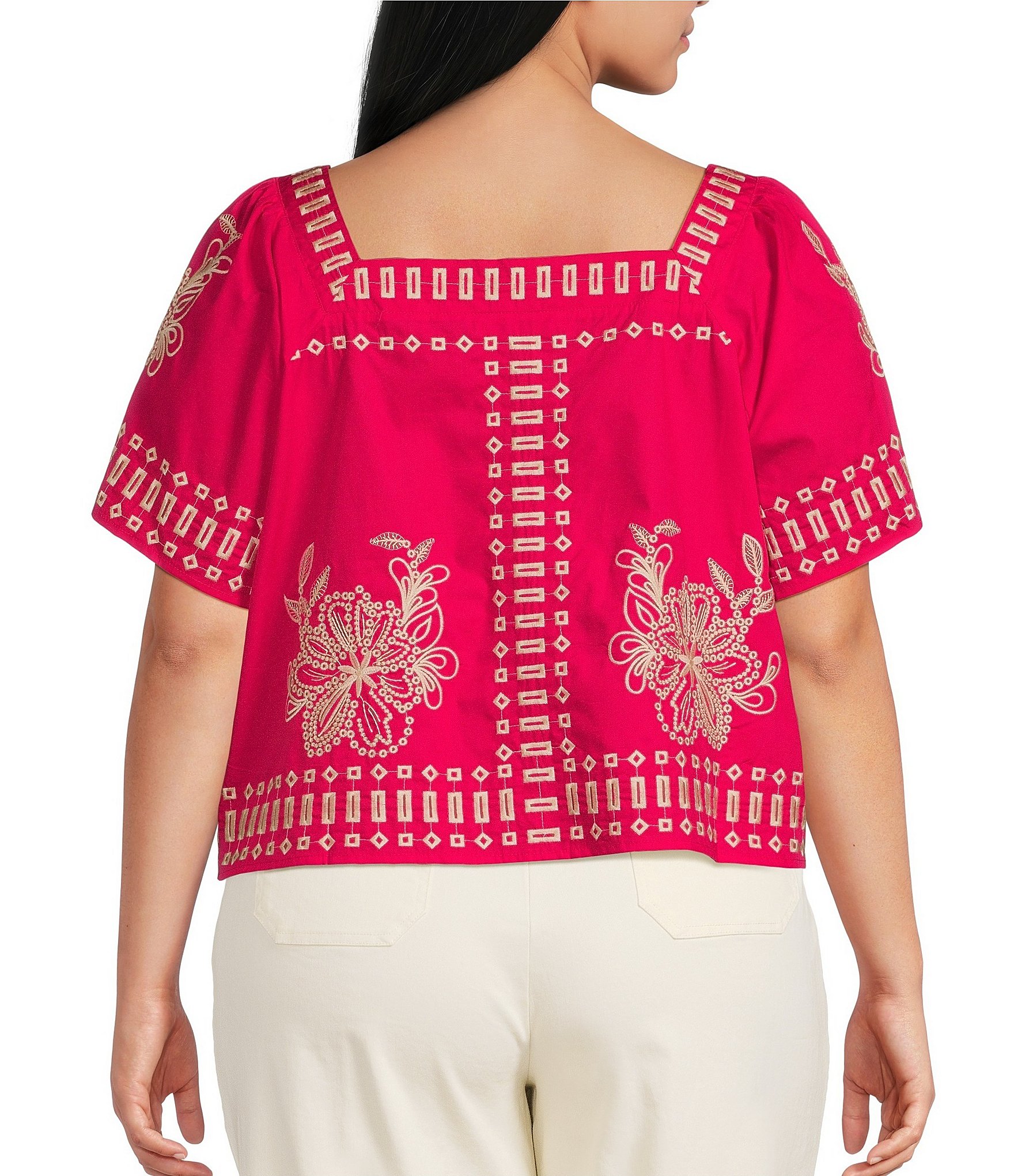 Sugarlips Plus Size Silvia Embroidered Square Neck Short Sleeve Top