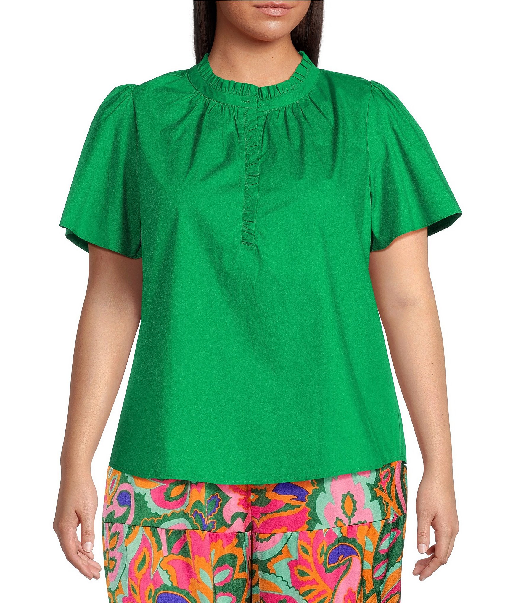 Sugarlips Plus Size Split V-Ruffle Neck Short Sleeve Blouse | Dillard's