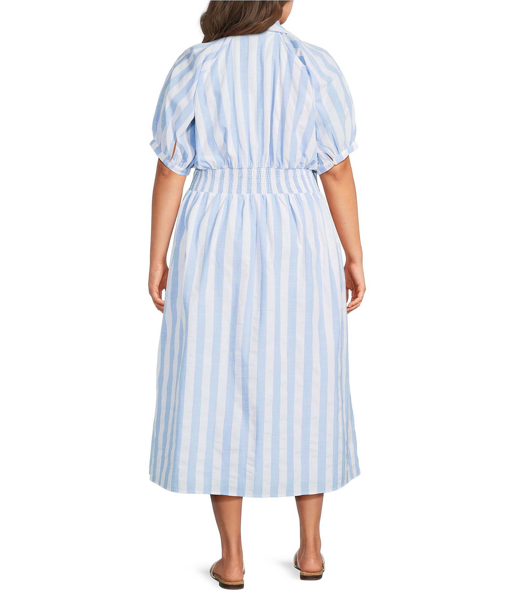 Sugarlips Plus Size Stripe Printed Collared V-Neck Short Sleeve Button Down Midi Dress