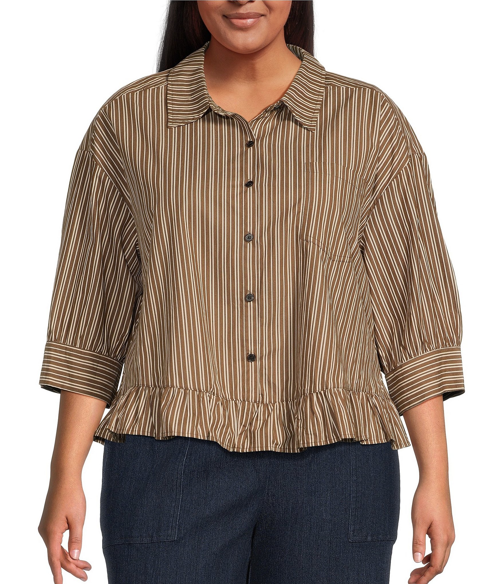 Sugarlips Plus Size Striped Collared Short Sleeve Ruffle Hem Button Front Top
