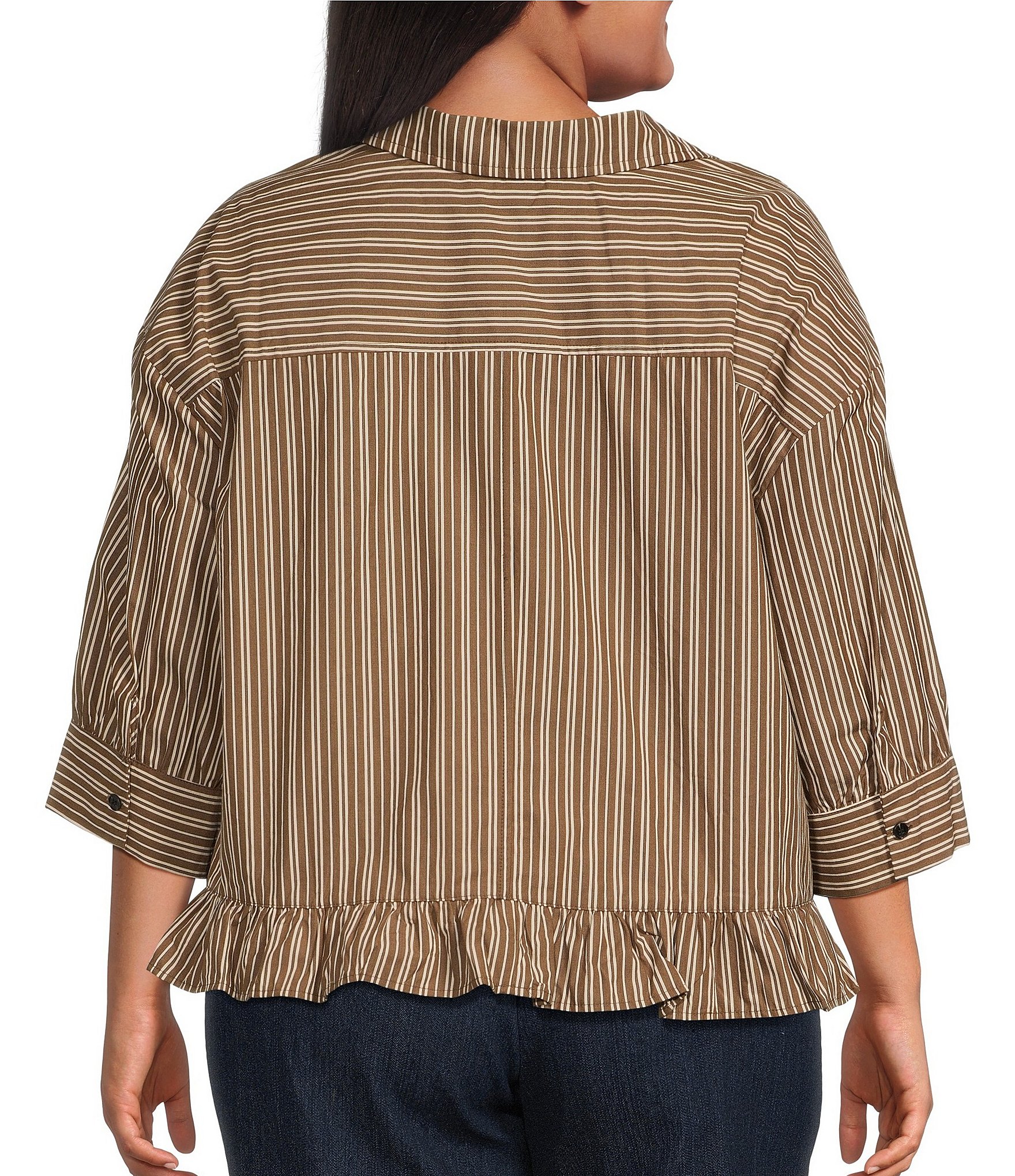 Sugarlips Plus Size Striped Collared Short Sleeve Ruffle Hem Button Front Top
