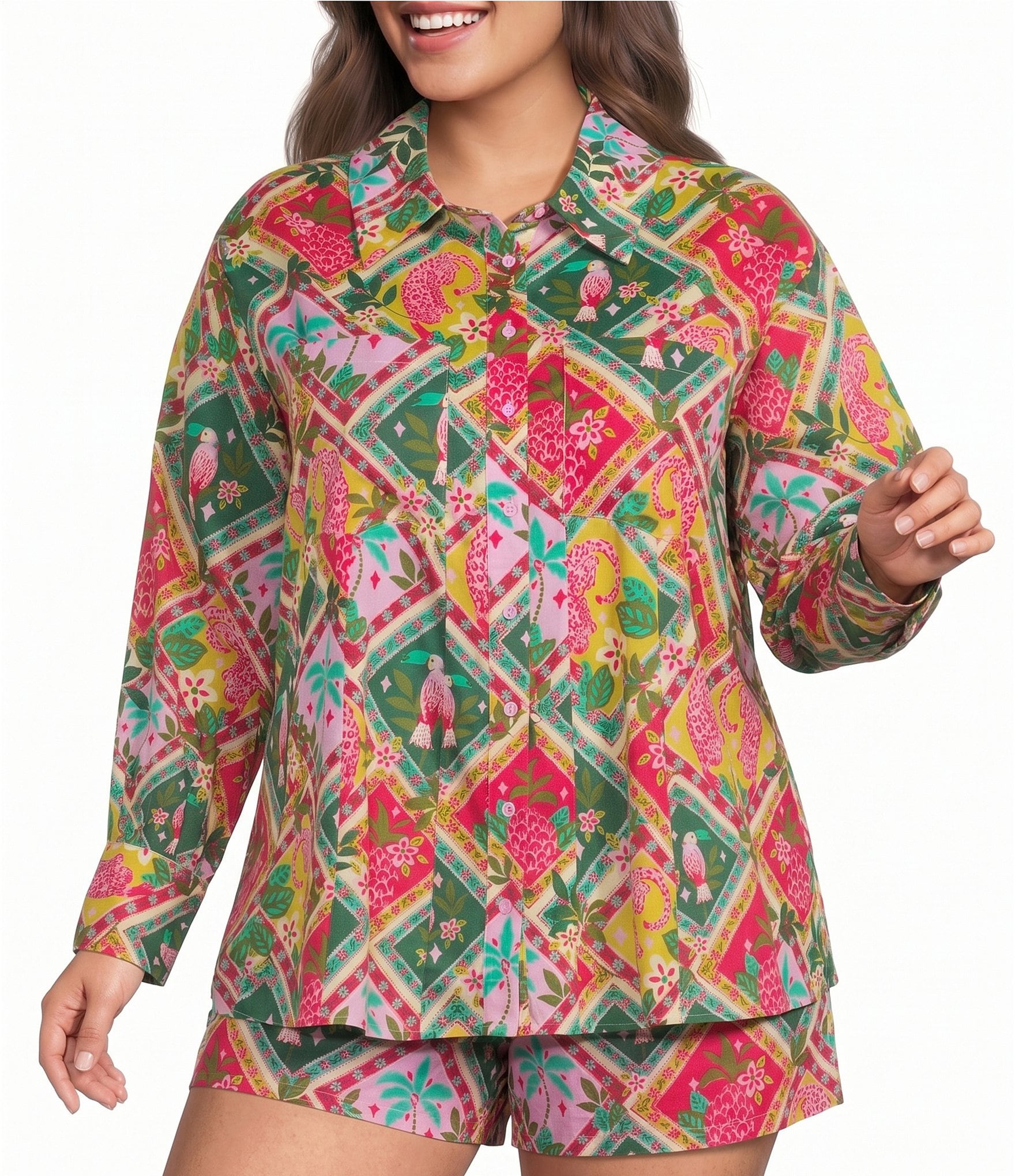 Sugarlips Plus Size Tropical Printed Collared Long Sleeve Button Down Coordinating Shirt