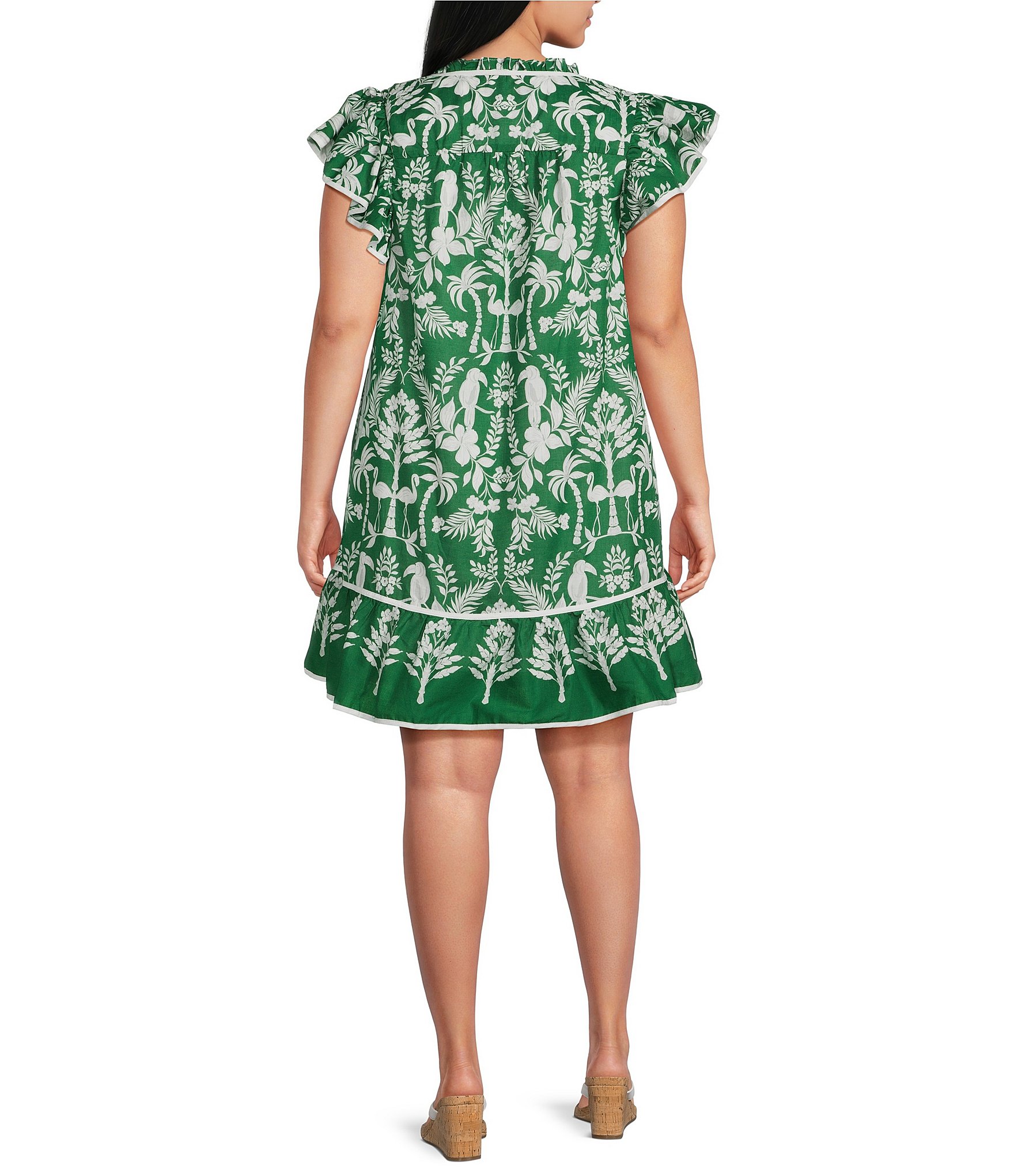 Sugarlips Plus Size Tropical Ebba Printed Split Neck Ruffle Cap Sleeve Mini Shift Dress