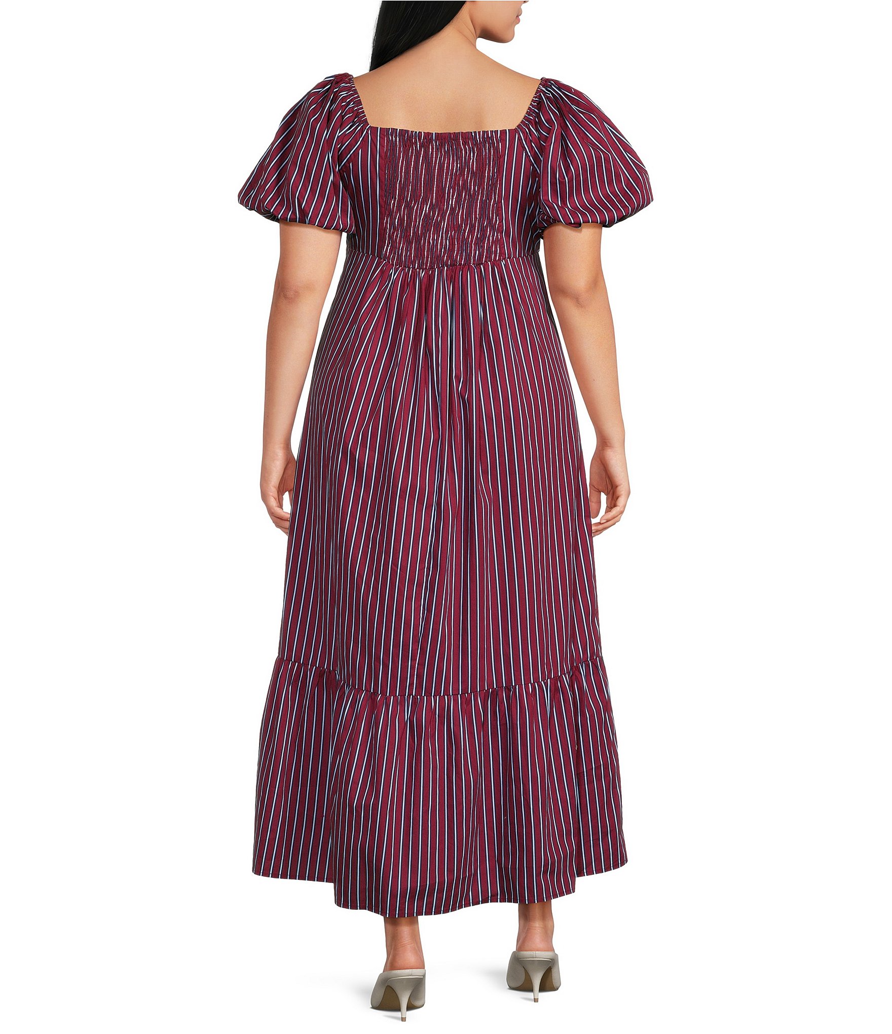 Sugarlips Plus Size Xena Striped Square Neck Short Puff Sleeve A-Line Midi Dress