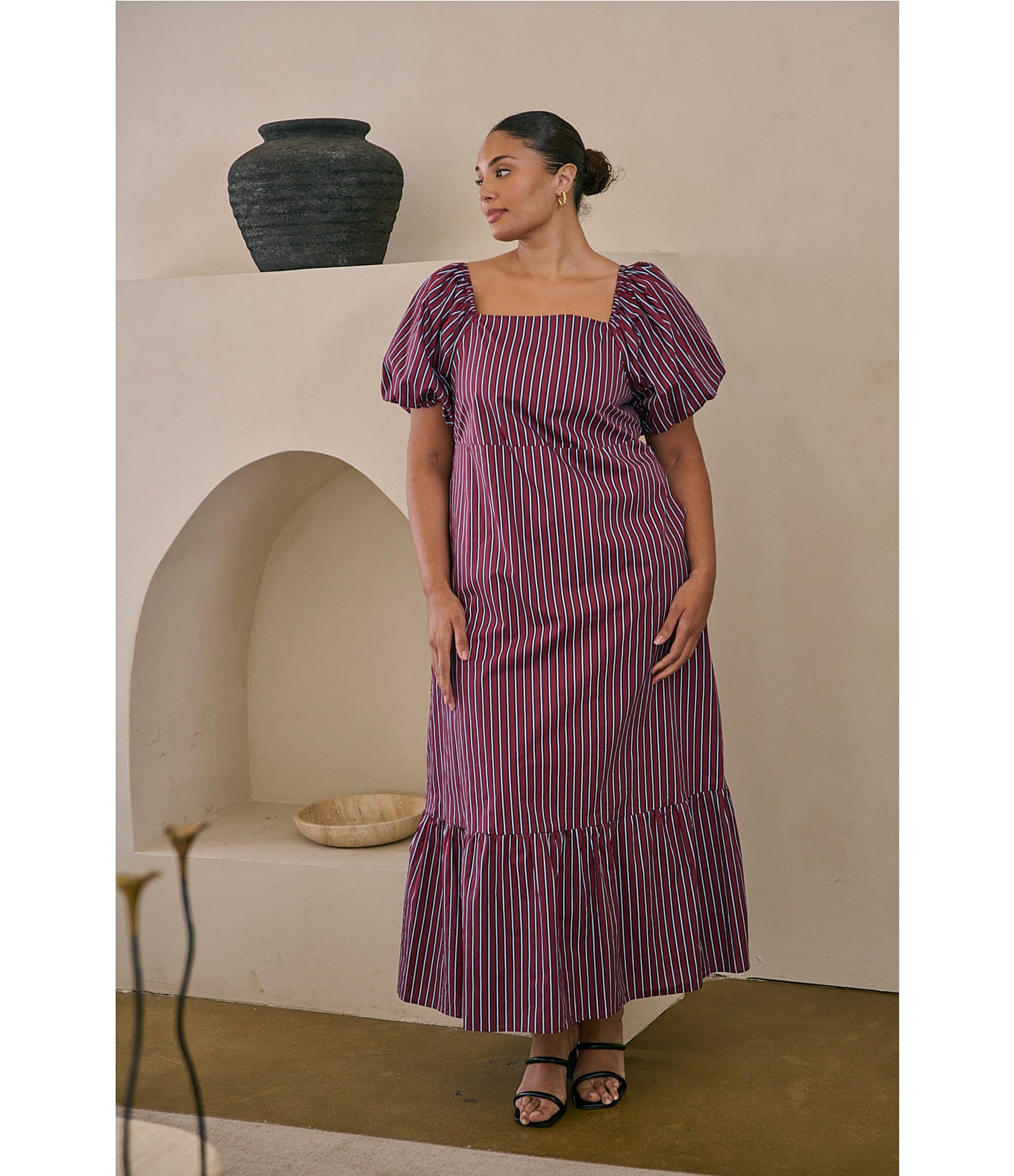 Sugarlips Plus Size Xena Striped Square Neck Short Puff Sleeve A-Line Midi Dress