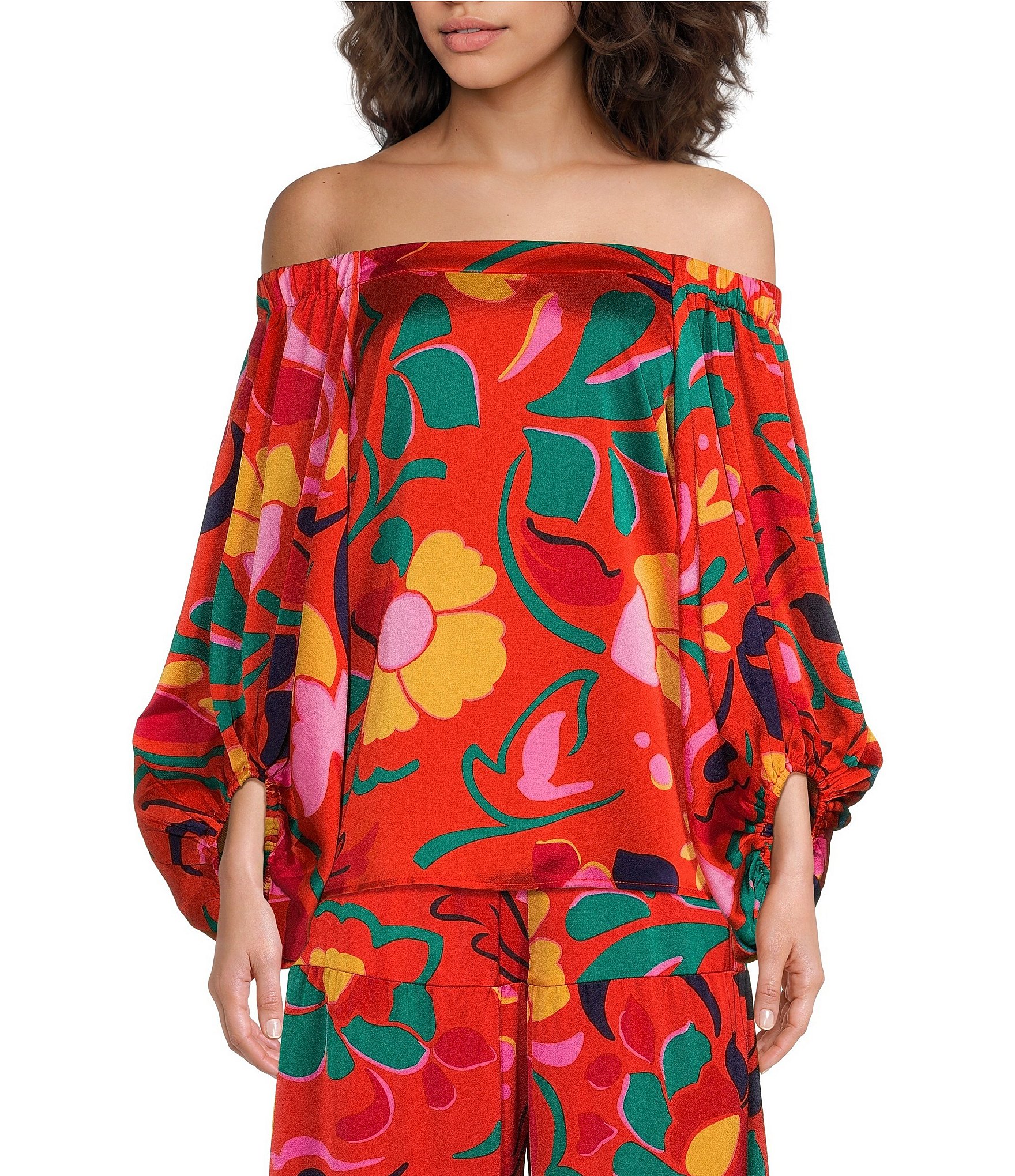 Sugarlips Satin Tropical Abstract Print Off The Shoulder Neck Long