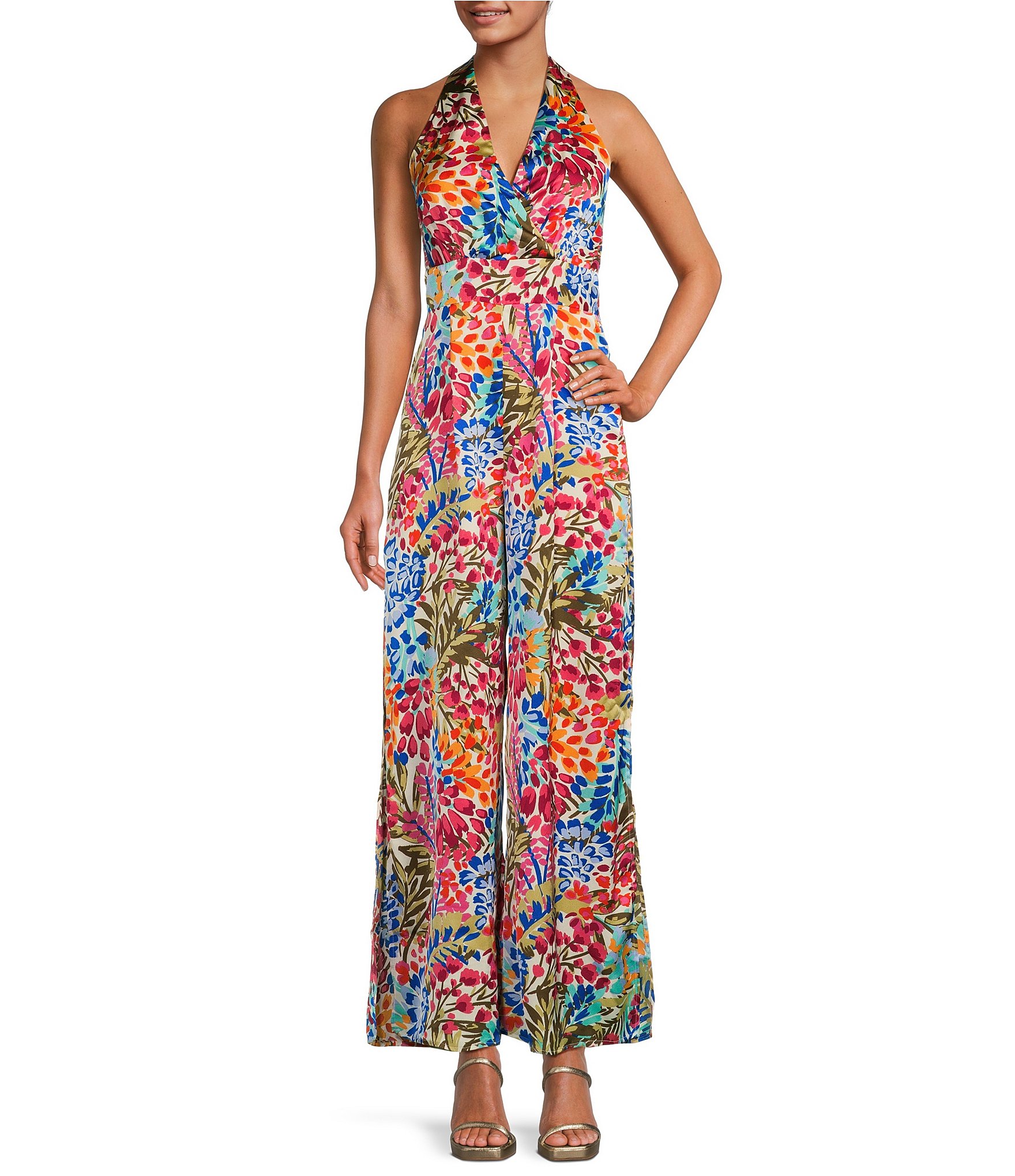 Sugarlips Surplice V-Neck Sleeveless Wide Leg Halter Jumpsuit | Dillard's