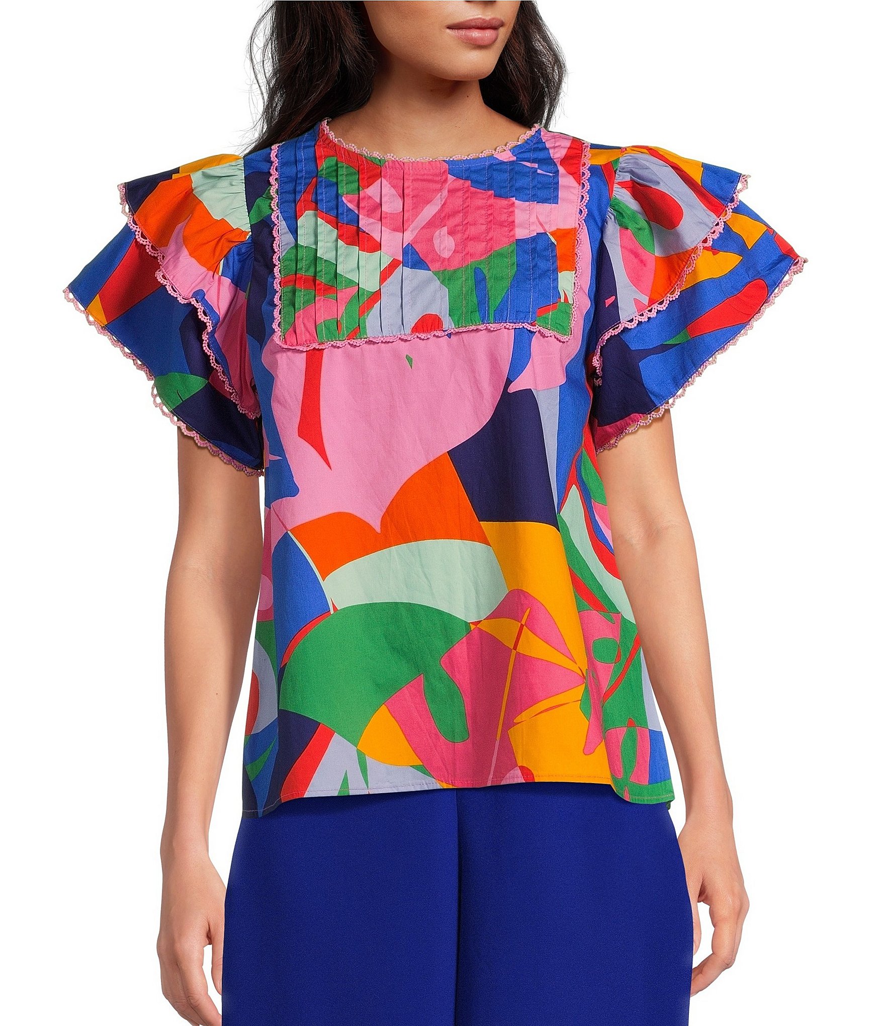 Sugarlips Tropical Abstract Floral Print Pin Tuck Lace Trim Top