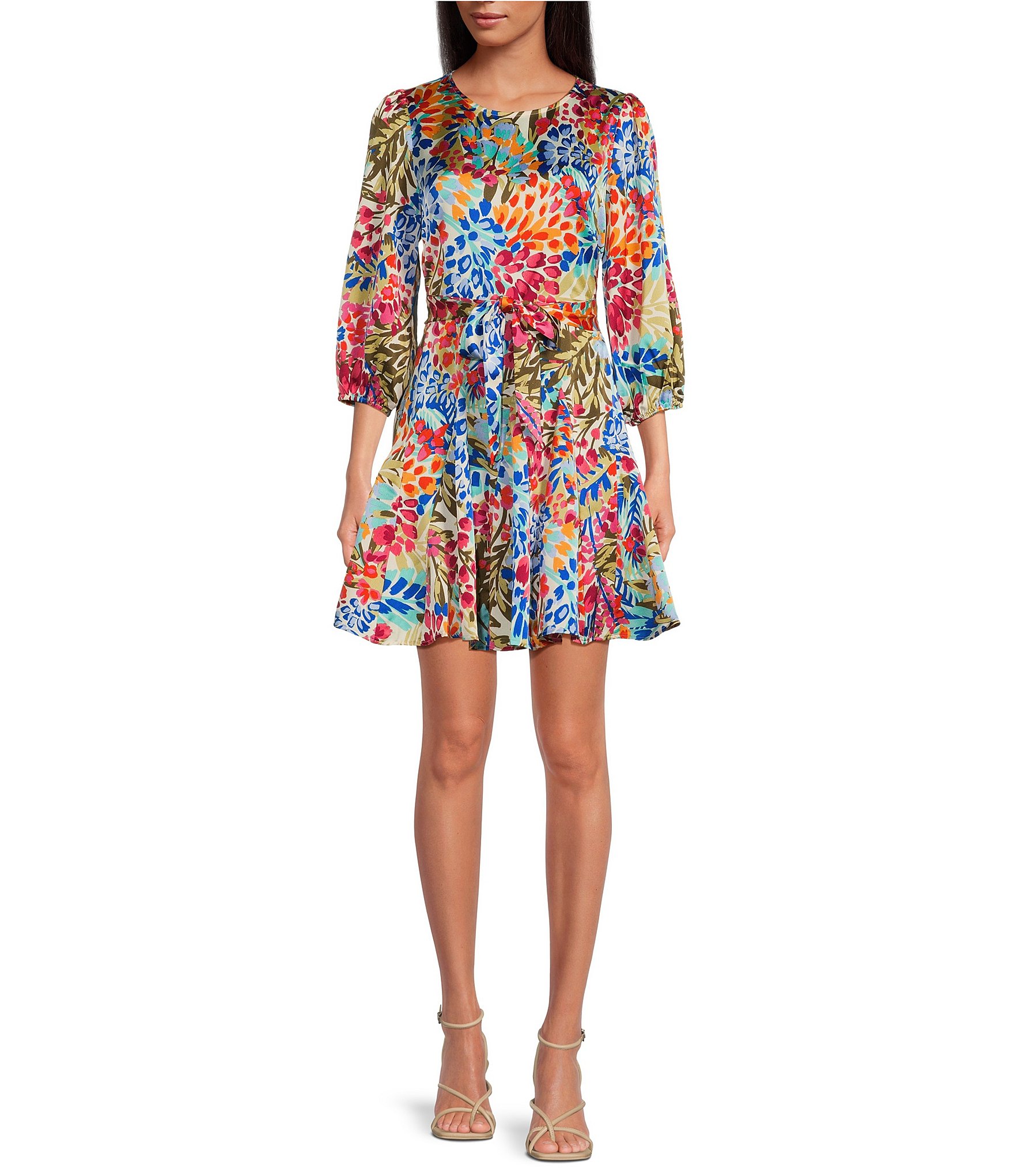 Sugarlips Tropical Floral Print Crew Neck 3/4 Sleeve A-Line Dress ...