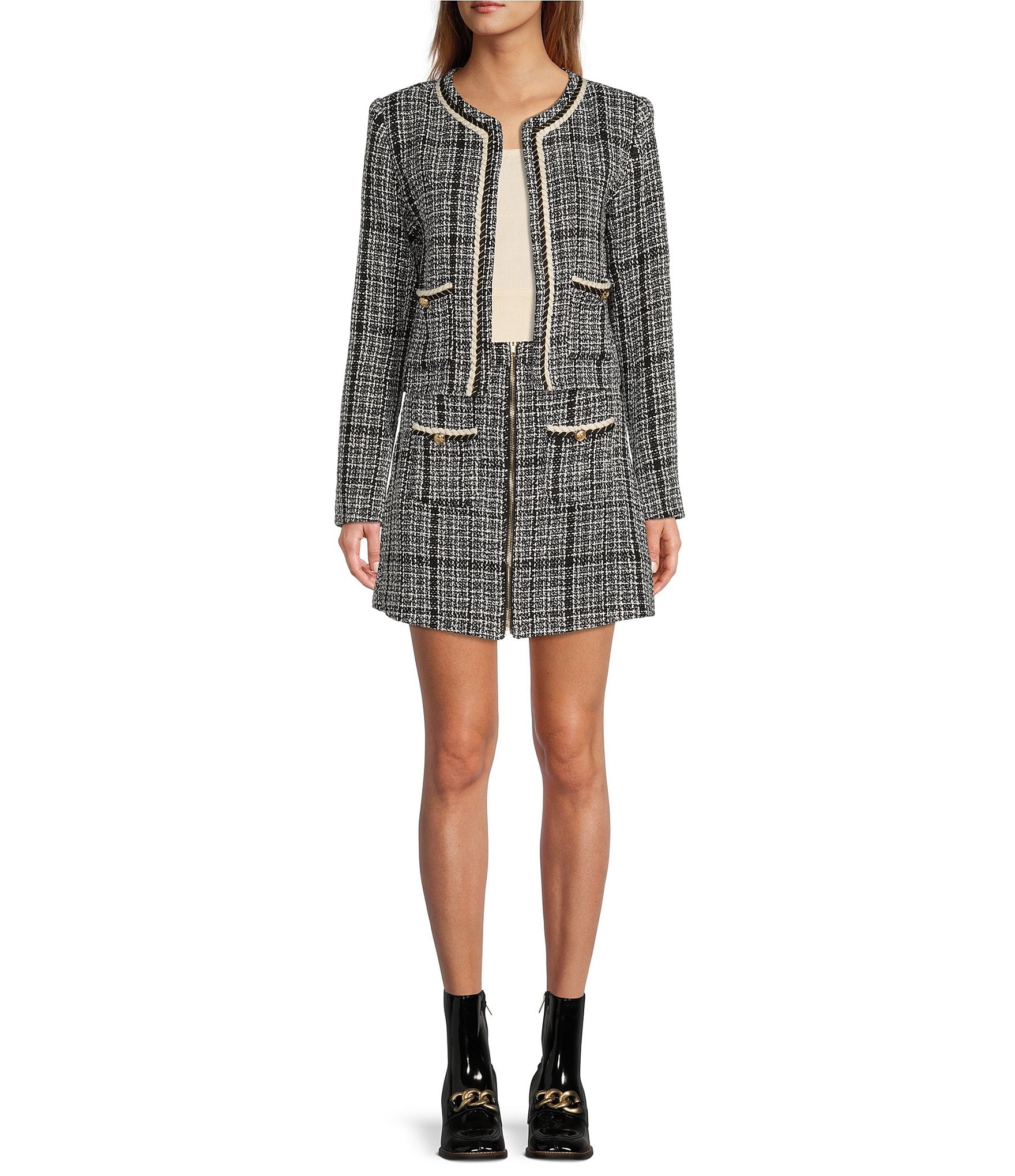 Sugarlips Tweed Plaid Print Crew Neck Long Sleeve Open Front Cropped Jacket  & Tweed High Waisted Front Zip Mini Skirt | Dillard's