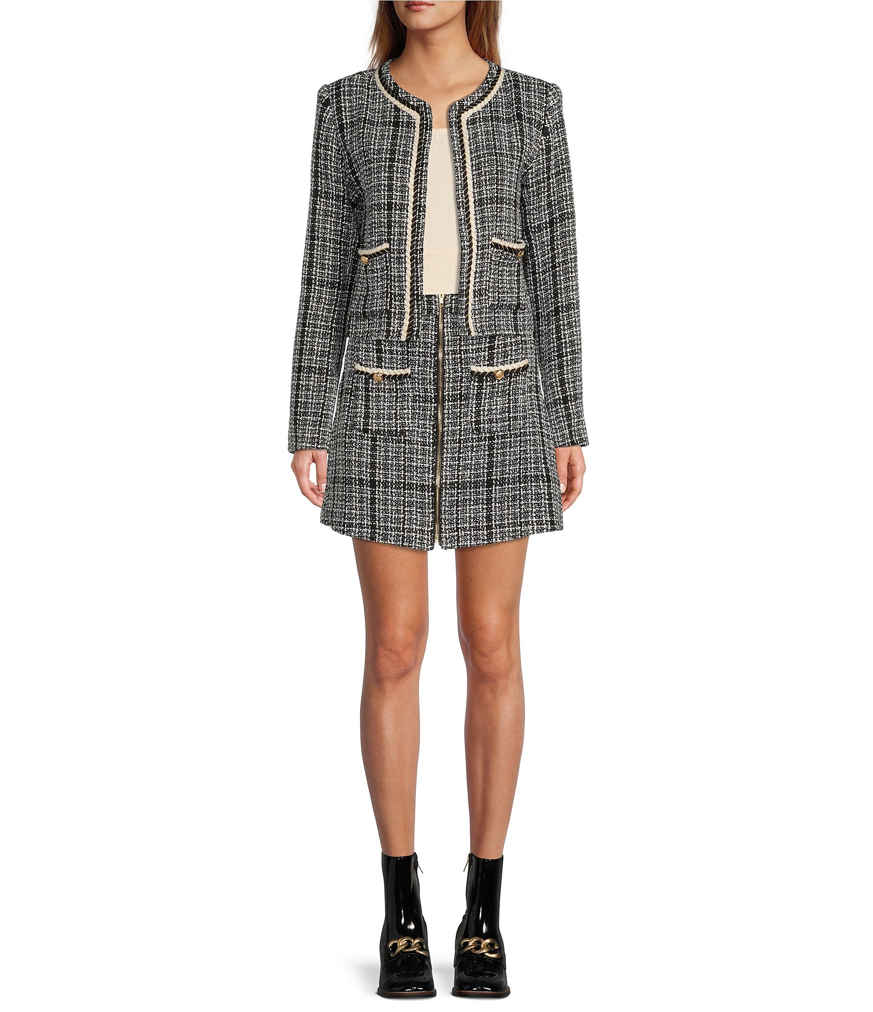 Sister Jane tweed jacket and mini skirt set in navy and white check