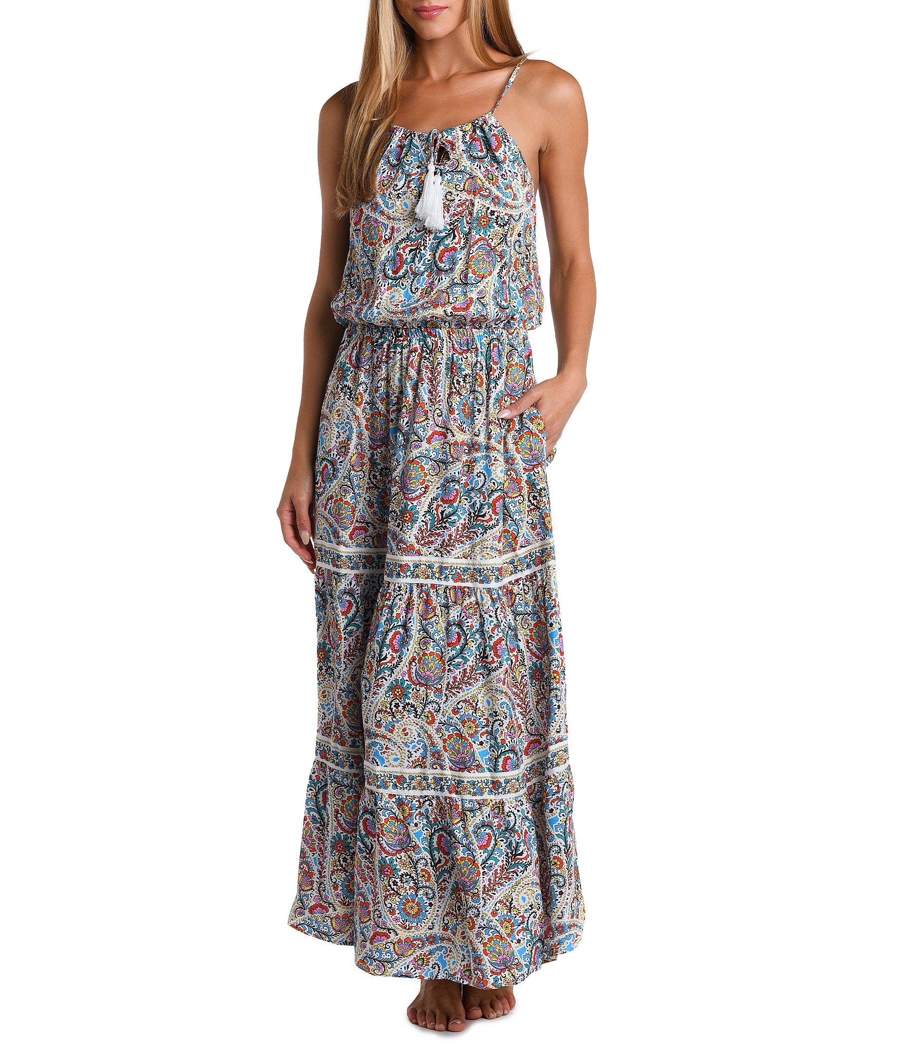 Sunshine '79 Glam Paisley Print Scoop Neck Tiered Hem Maxi Dress Swim ...