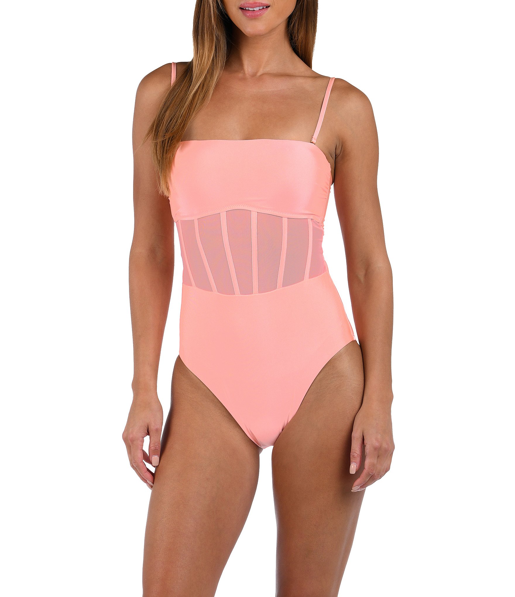 Sunshine '79 Solid Straight Neck Corset Binding Over Mesh