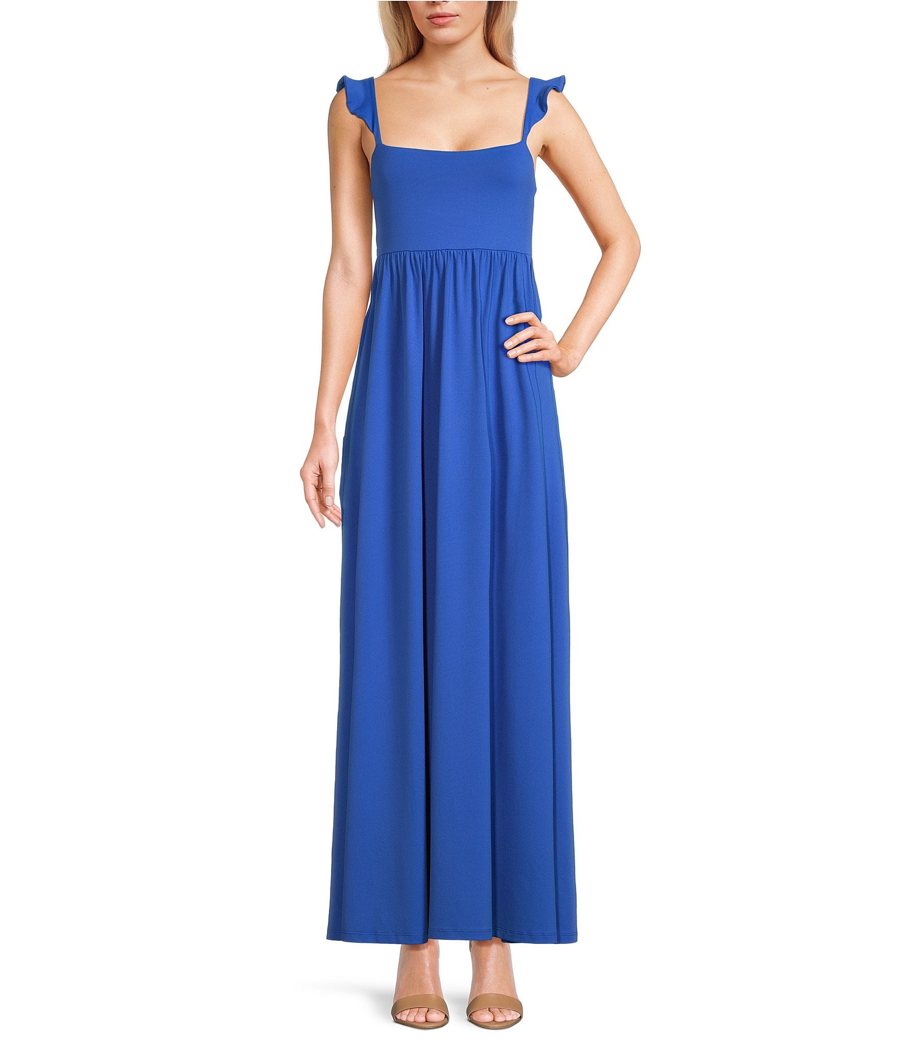 Susana Monaco Square Neck Flutter Strap Maxi Slip Dress | Dillard's