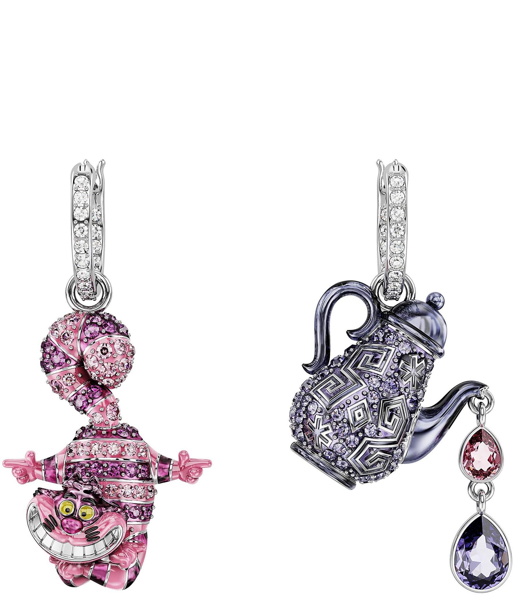 Swarovski Alice In Wonderland Cat & Teapot Crystal Drop Earrings