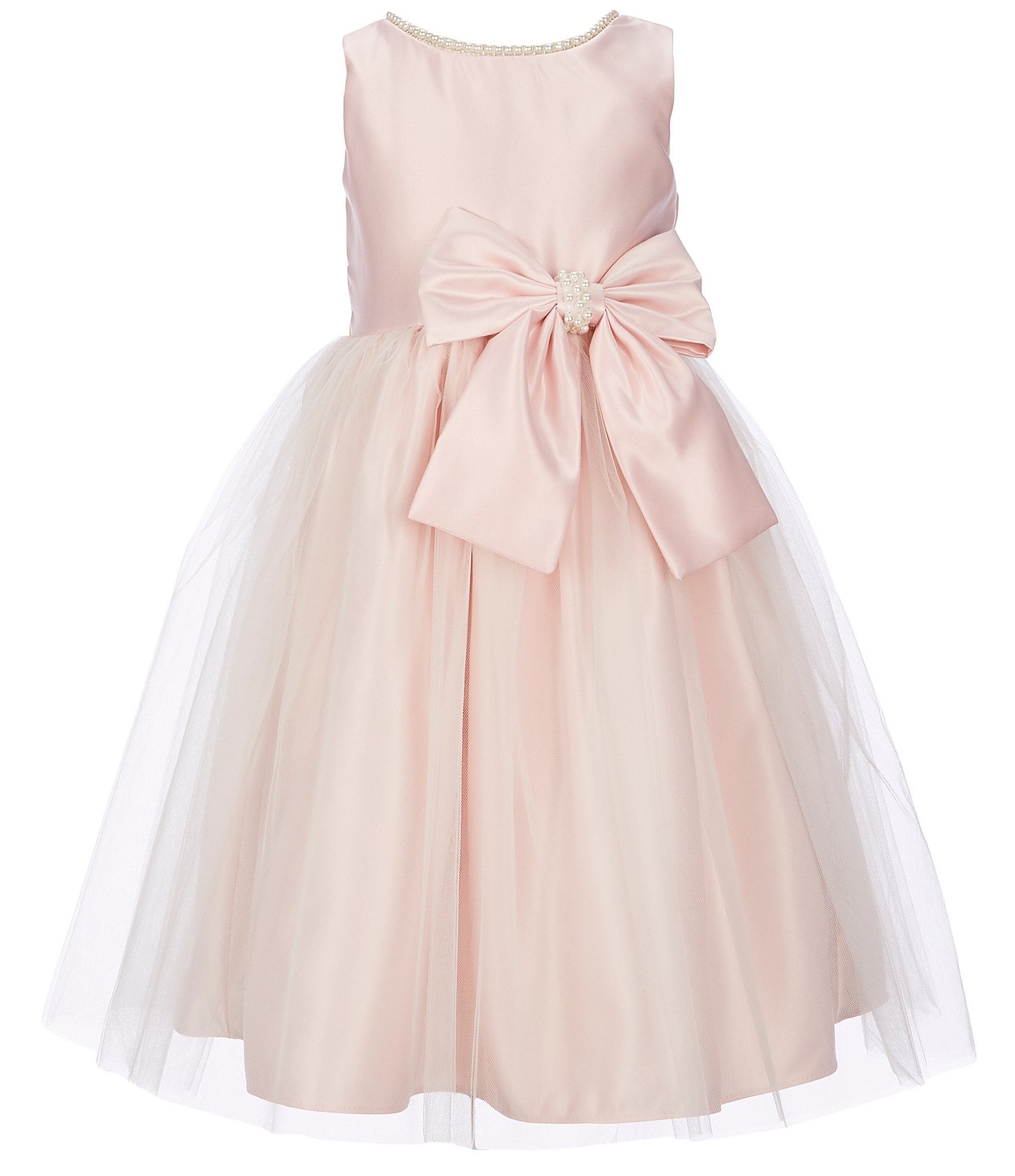 Sweet Kids Little Girls 2-6 Sleeveless Dull Satin Pearl Trim Bow Detail Tulle Tea Dress