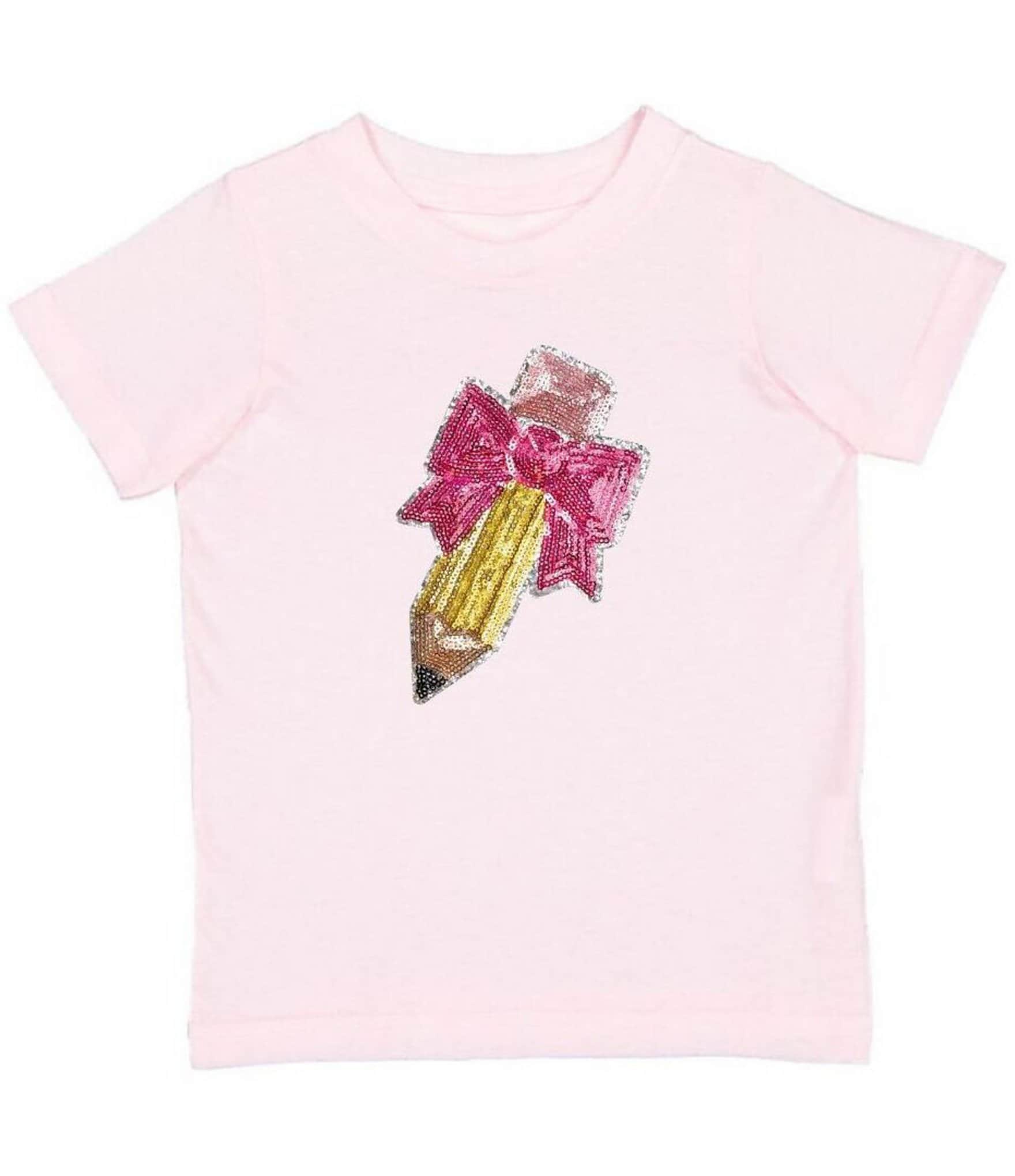 Sweet Wink Little/Big Girls Short Sleeve Pencil Bow Sequin Patch T-Shirt
