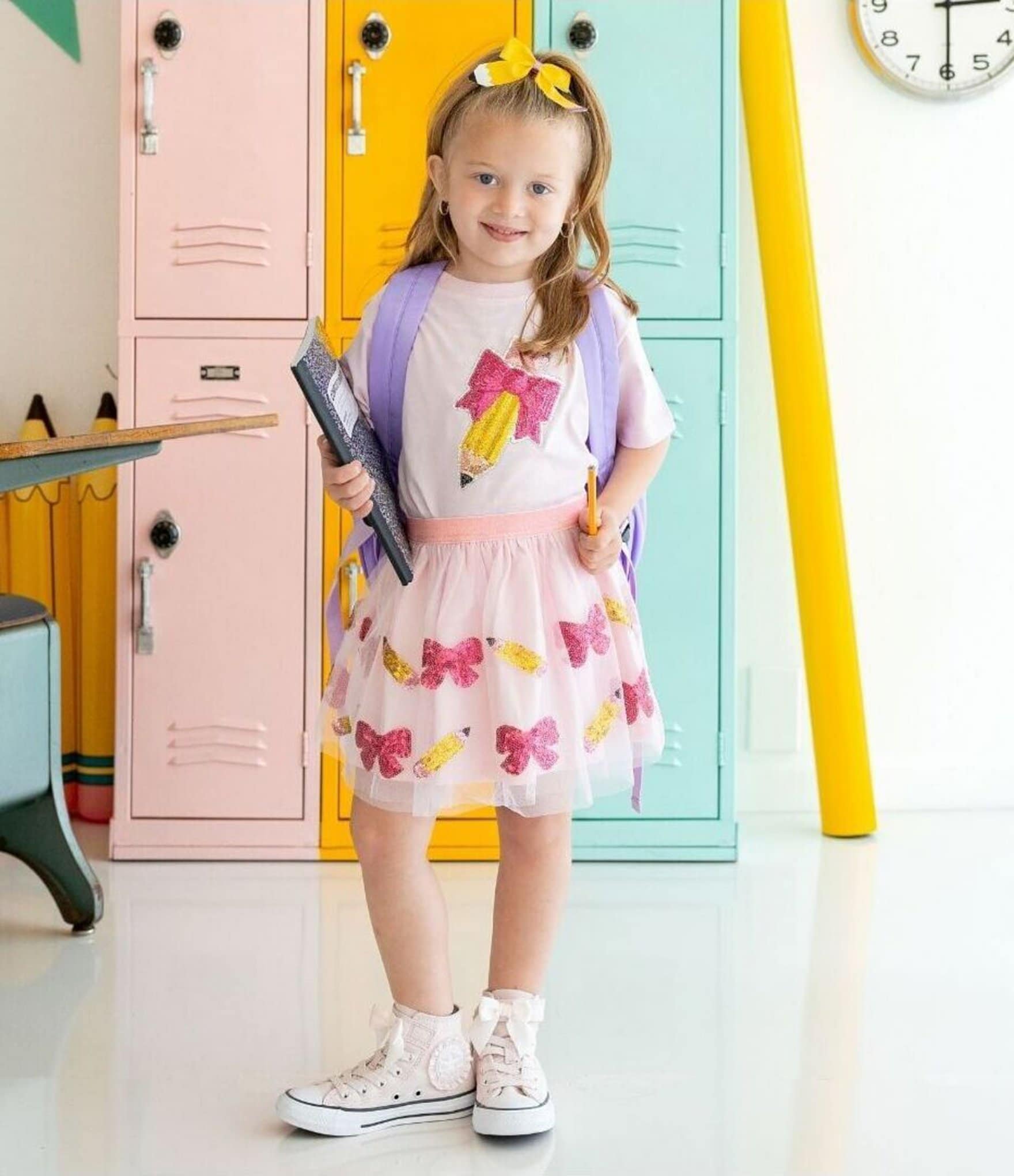 Sweet Wink Little/Big Girls Short Sleeve Pencil Bow Sequin Patch T-Shirt