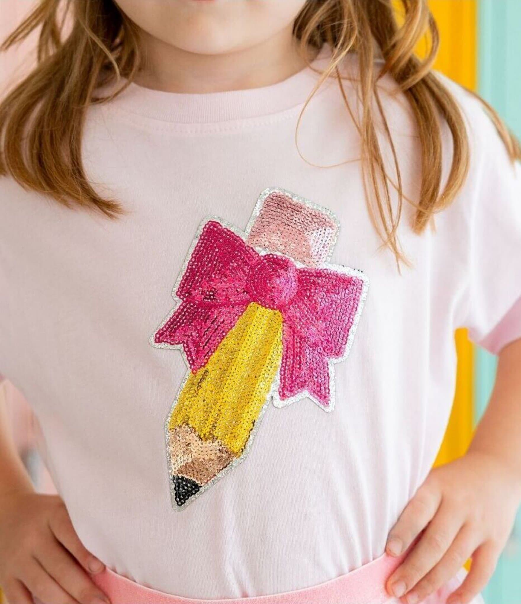 Sweet Wink Little/Big Girls Short Sleeve Pencil Bow Sequin Patch T-Shirt