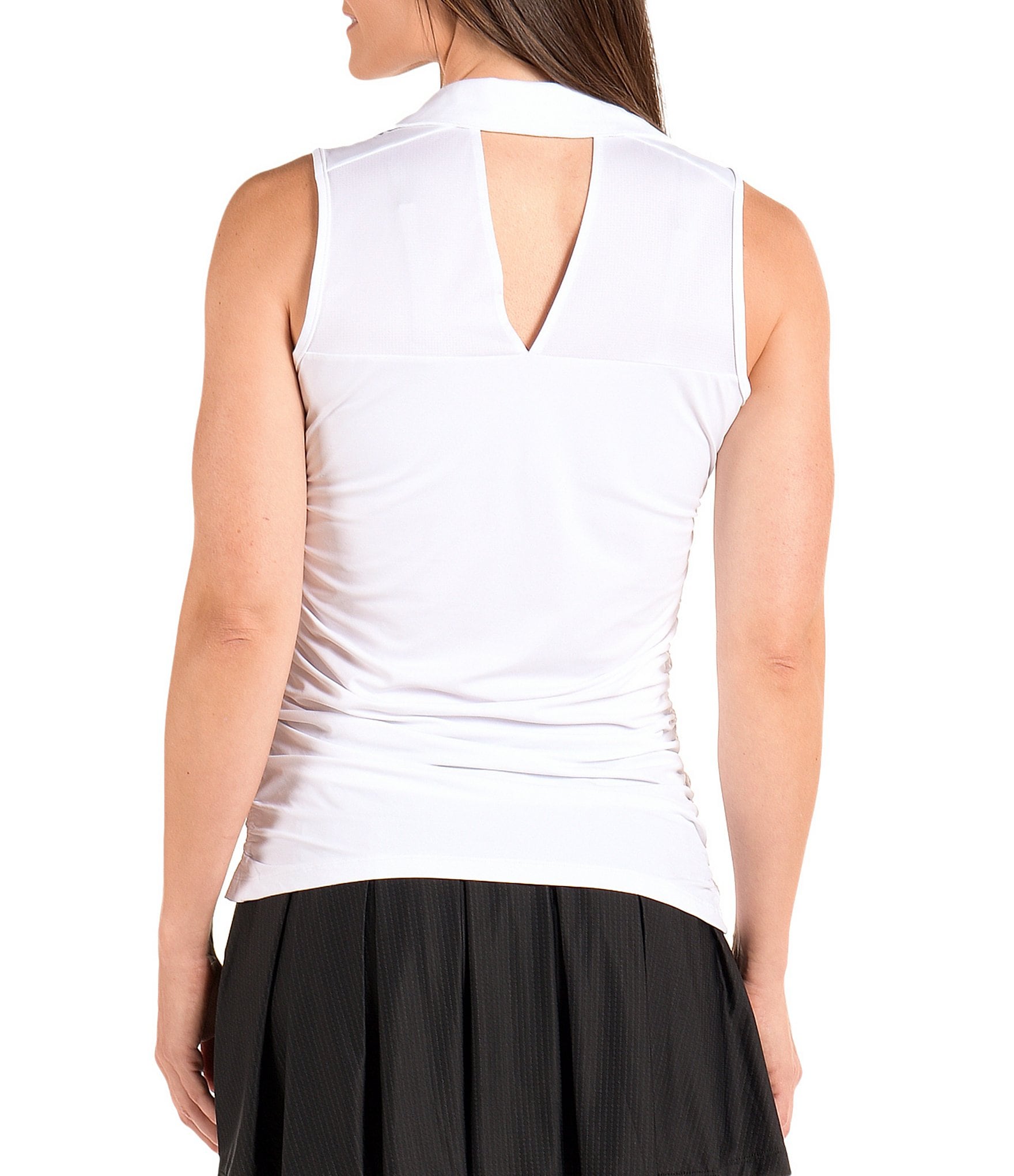 SwingDish Melissa Sleeveless Side Ruched Point Collar V-Neck Keyhole Back Top