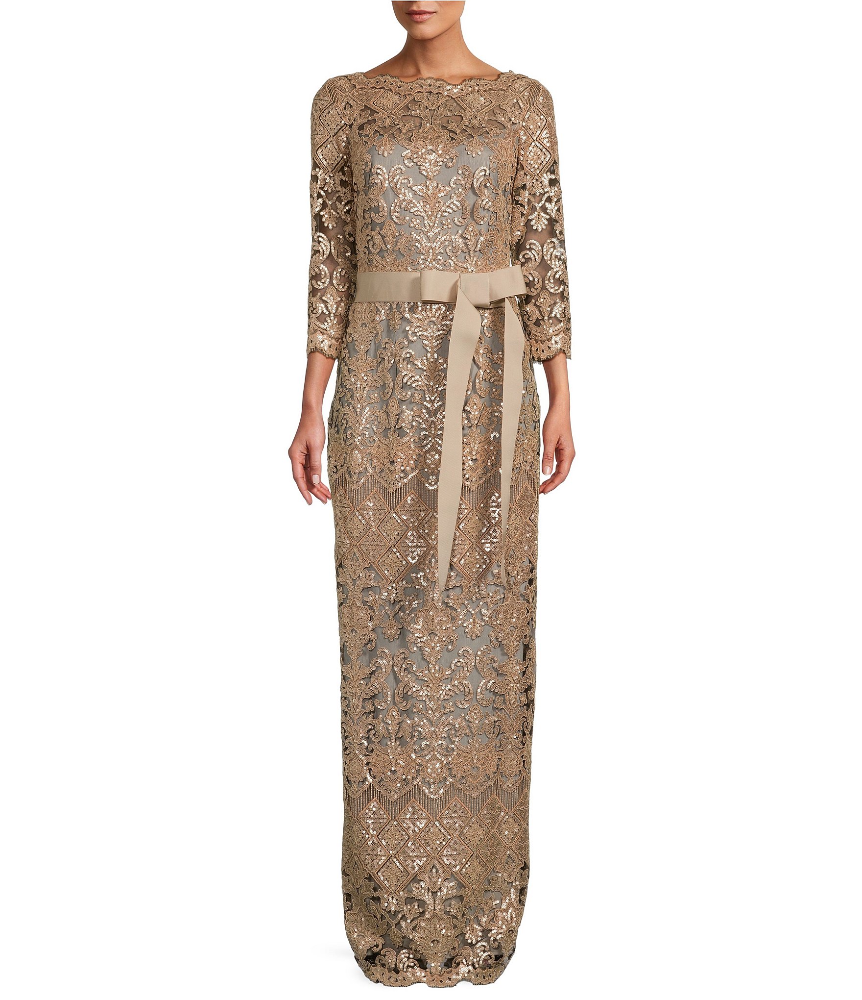 Tadashi Shoji Boat Neck 3/4 Sleeve Sequin Lace Illusion Ribbon Belt Gown |  Dillard's