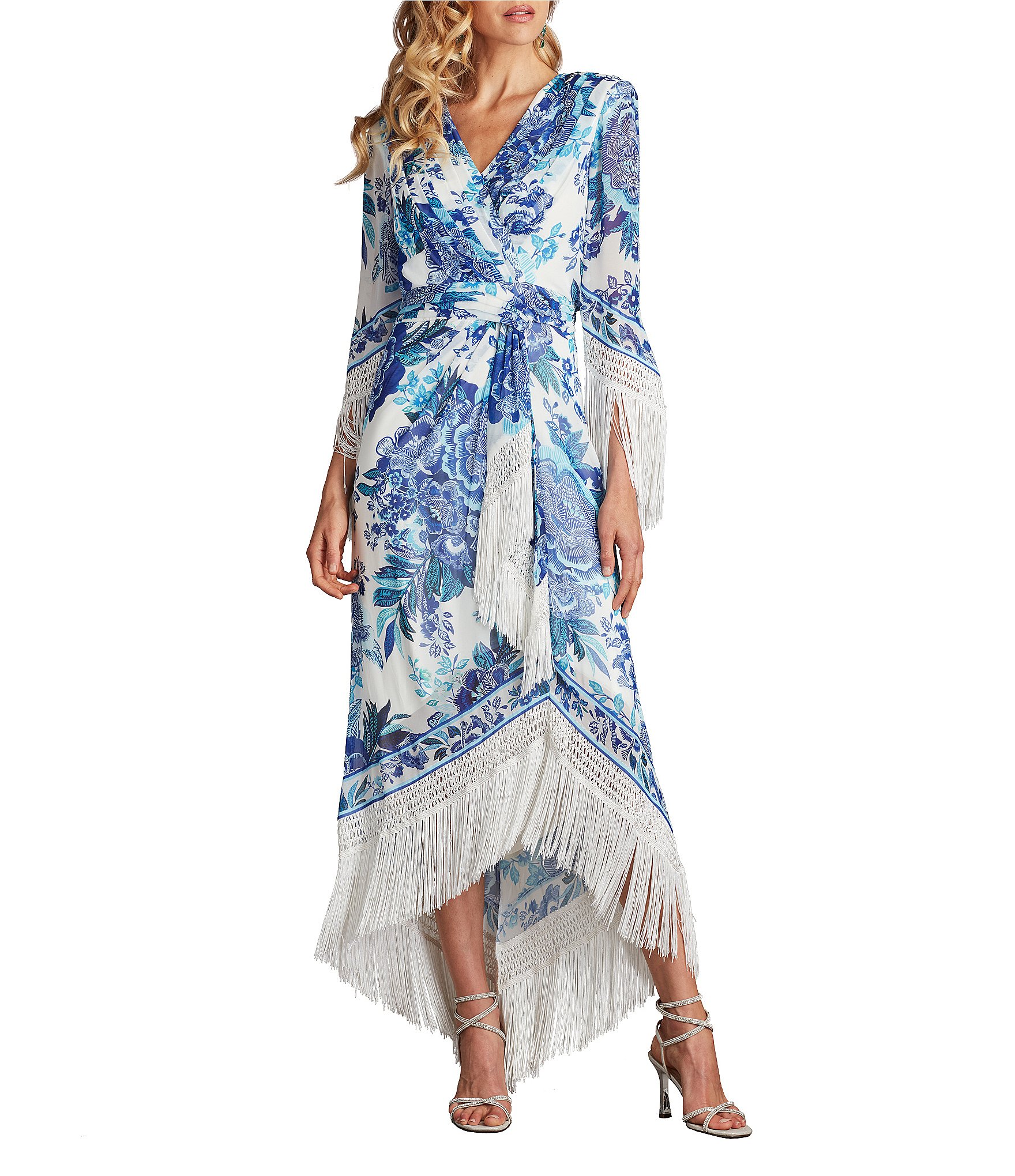 Tadashi Shoji Chiffon Floral Print V Neck 3/4 Sleeve Fringe