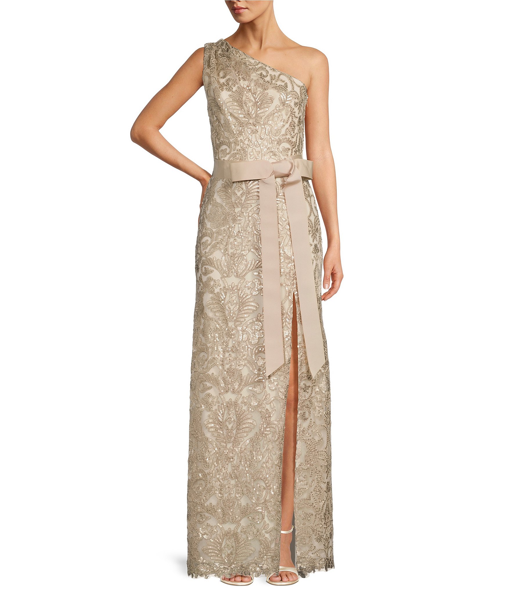 Tadashi Shoji Corded Sequin Lace One Shoulder Sleeveless Ribbon Waist ...