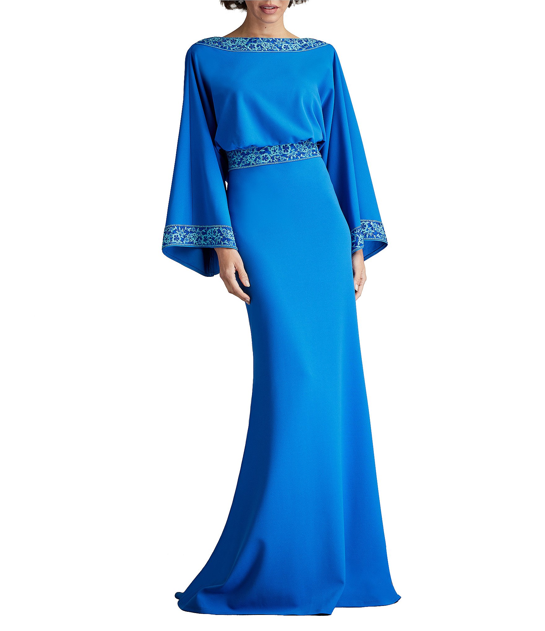 Tadashi Shoji Crepe Embroidered Trim Boat Neck Dolman Long Sleeve Deep Cowl Back Gown