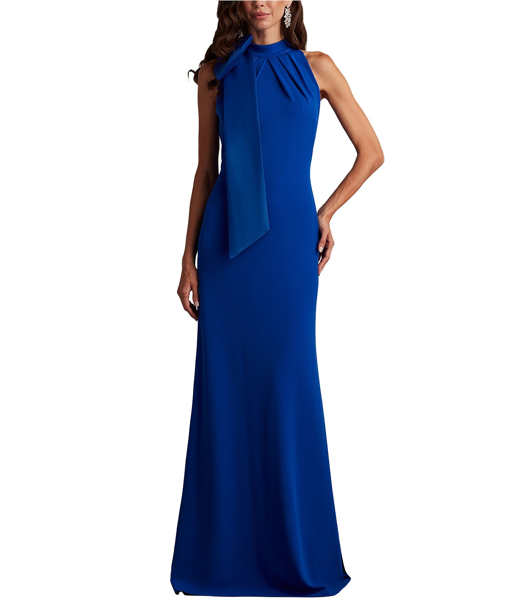 Tadashi Shoji Crepe Halter Mock Neck Taffeta Bow Sleeveless Gown